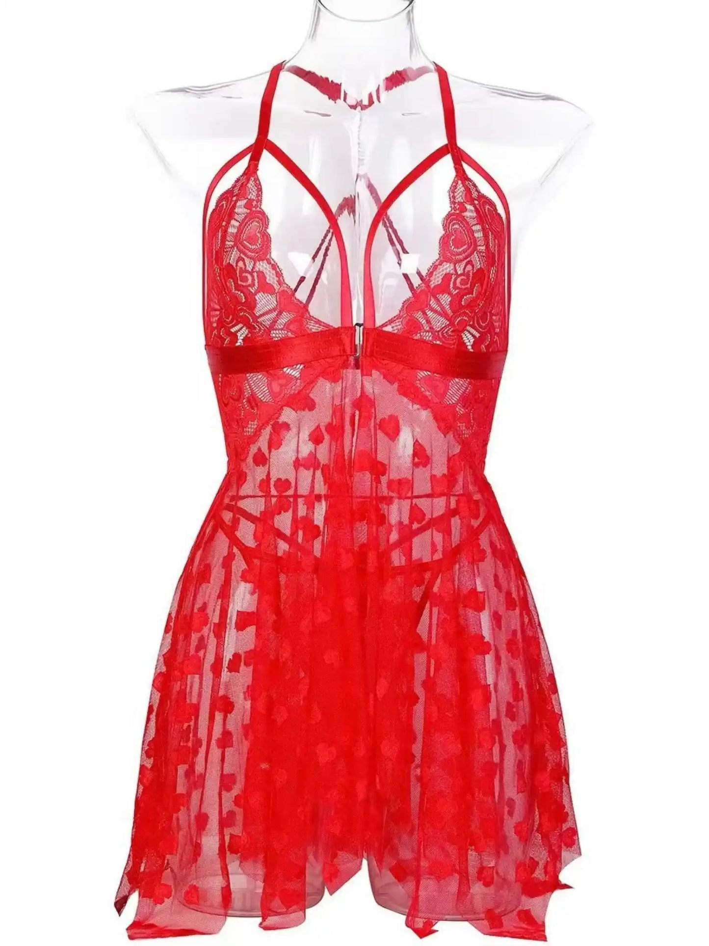 HEART FLUTTER MESH SLIP DRESS丨RED