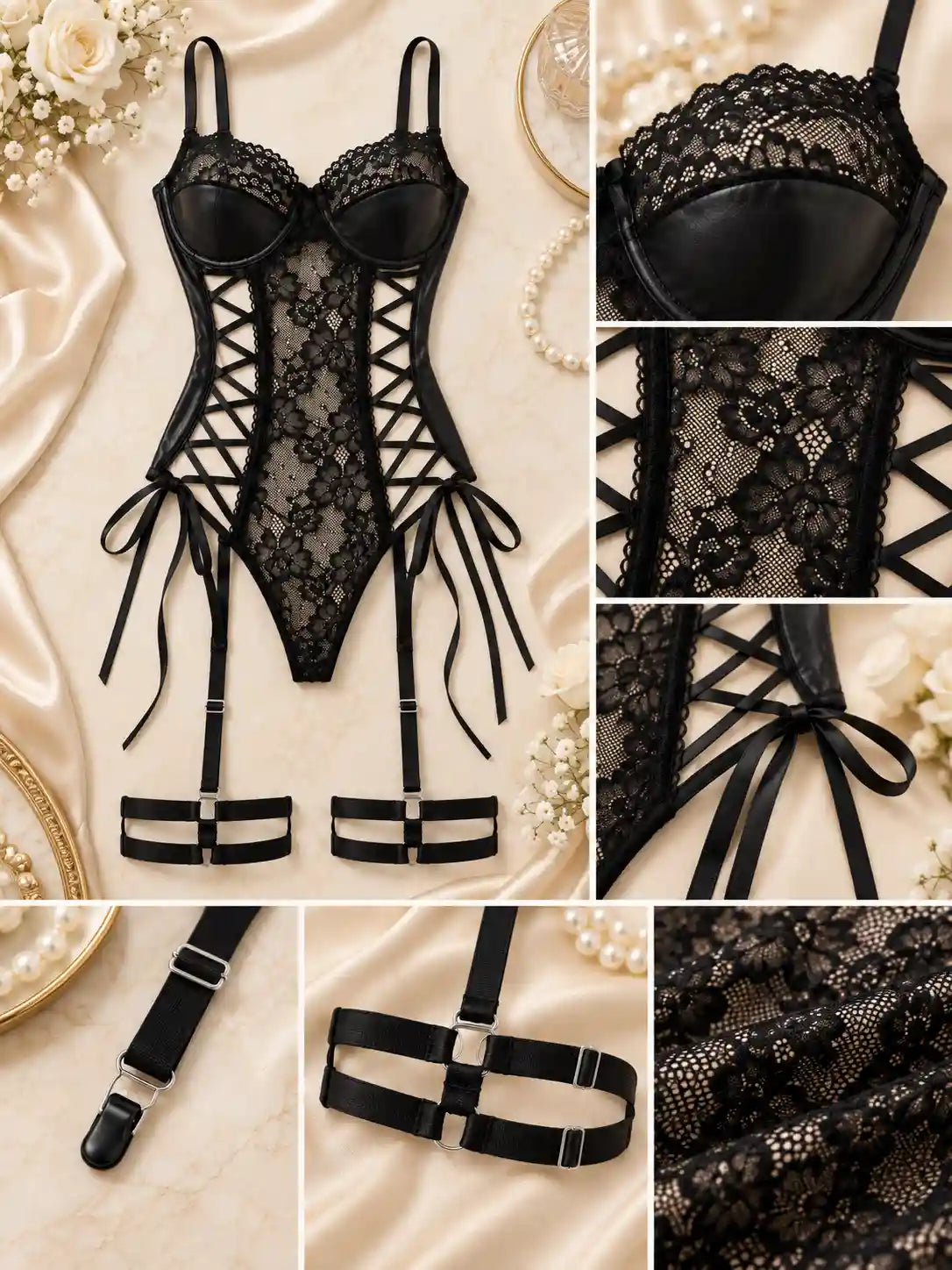 FISHNET FAUX LEATHER BODYSUIT