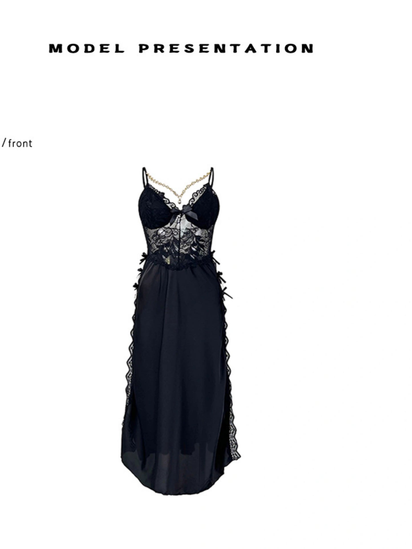 CHAIN DETAIL LACE HIGH SLIT NIGHTGOWN WITH DETACHABLE BRA PAD