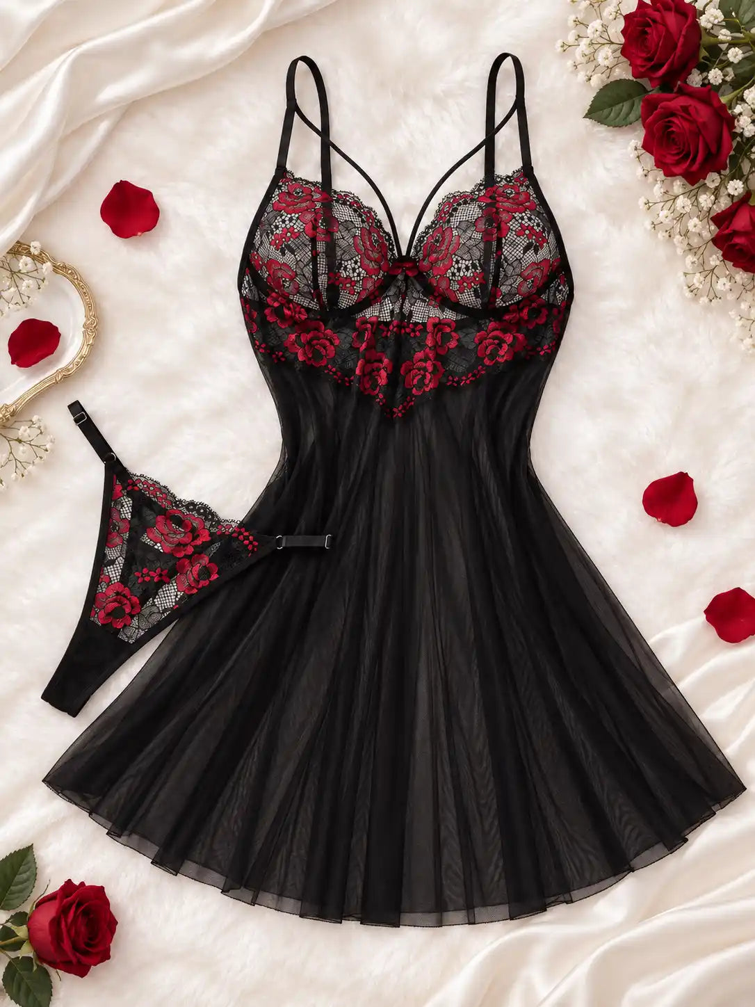LACE MESH SHEER BABYDOLL DRESS