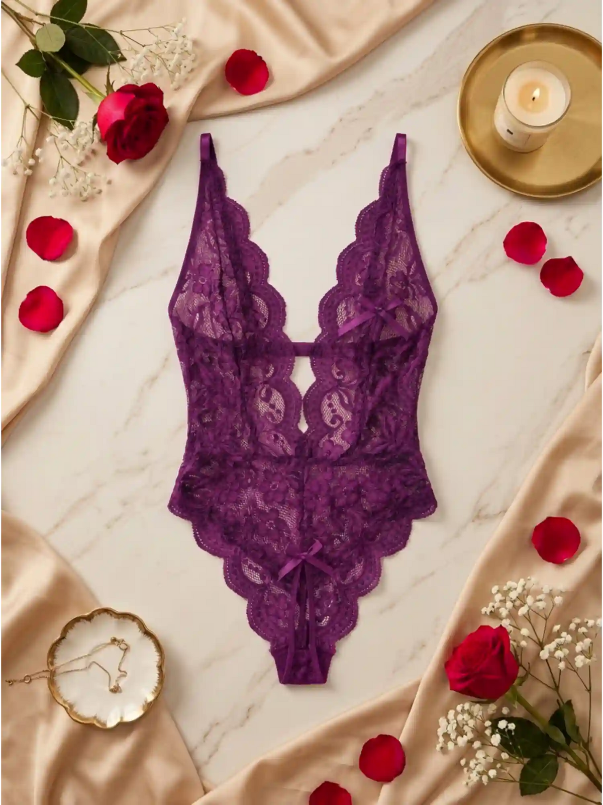 NIGHT ALLURE BACKLESS LACE BODYSUIT | PURPLE