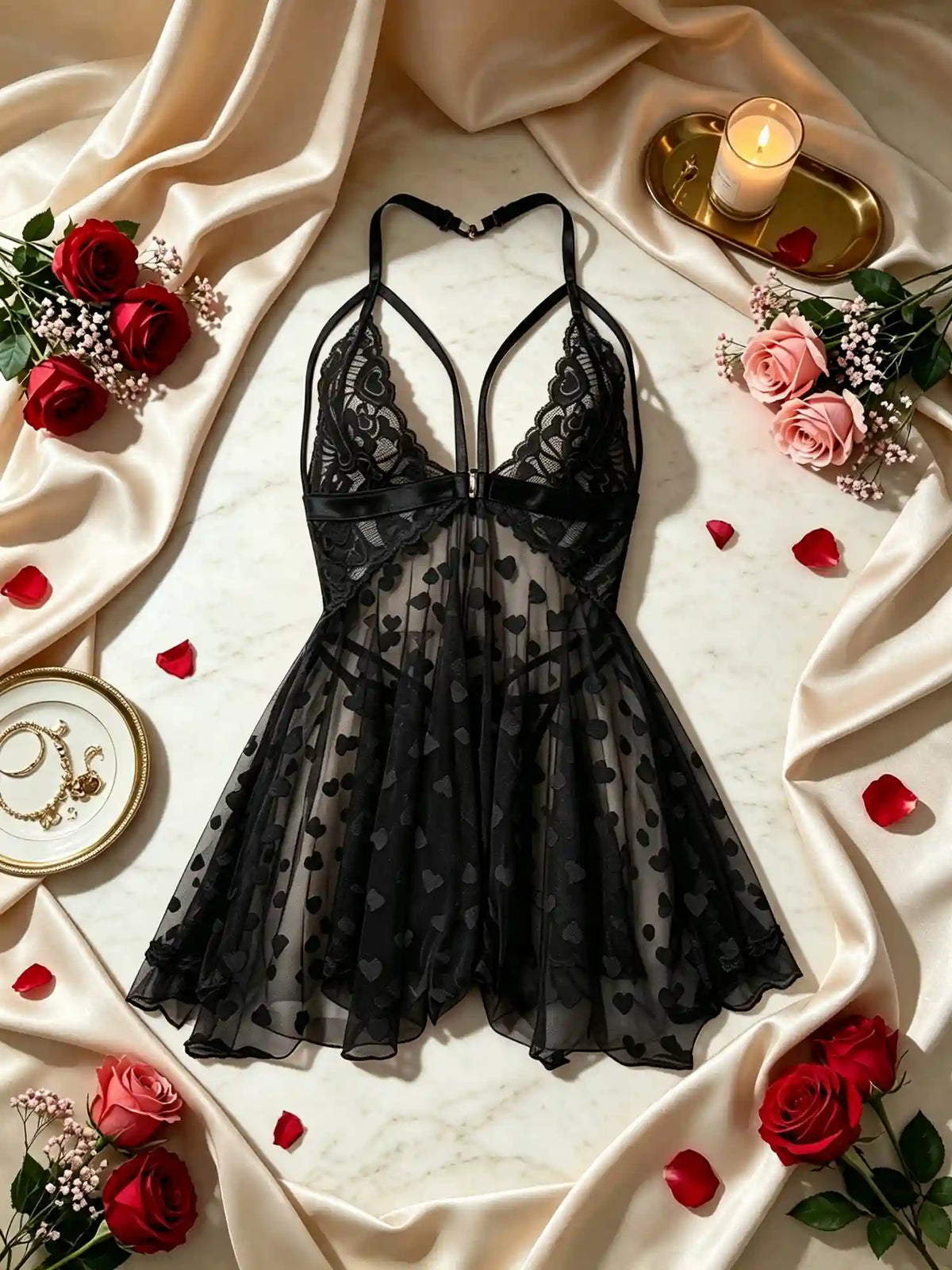 HEART FLUTTER MESH SLIP DRESS | BLACK