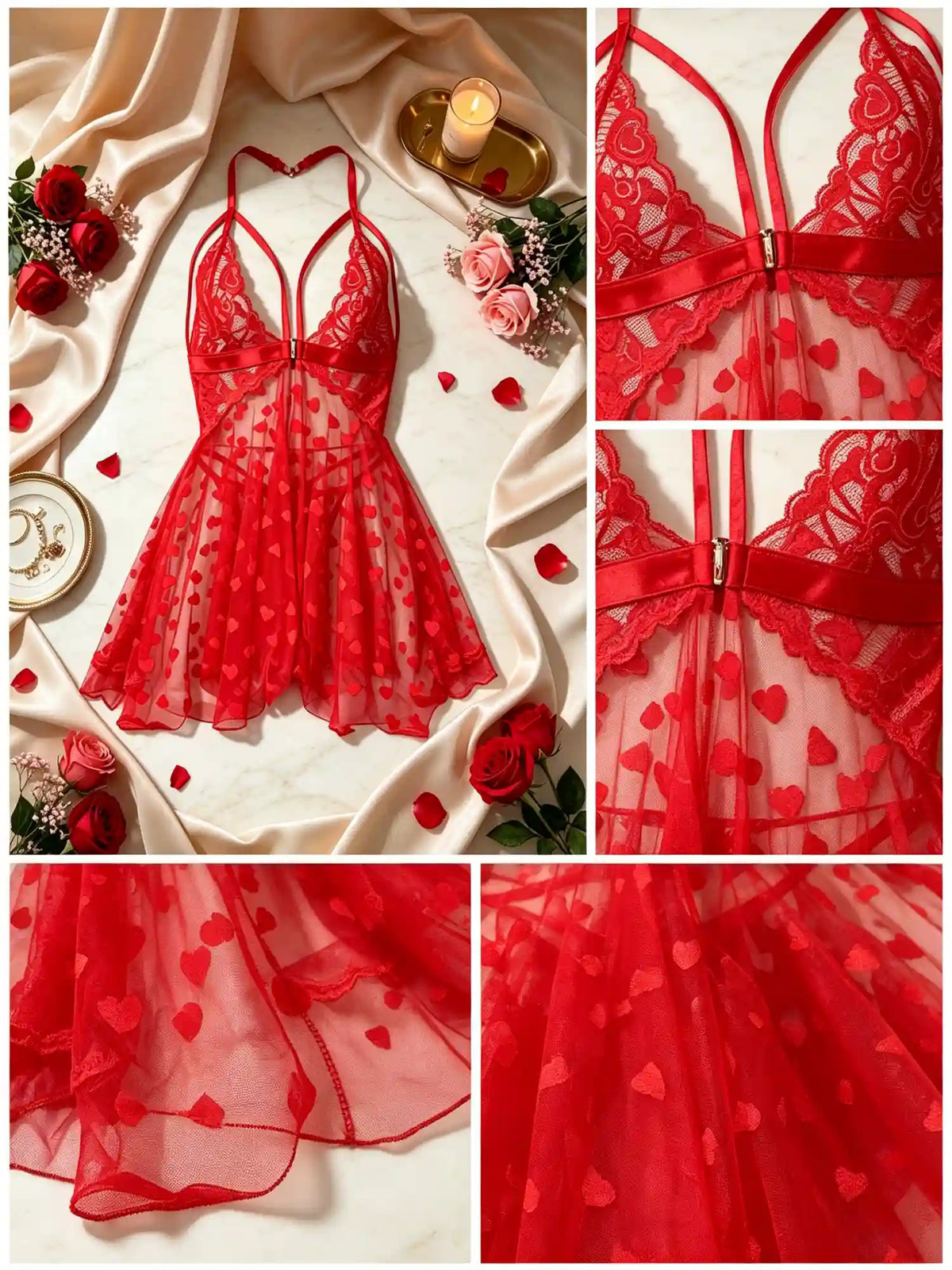 HEART FLUTTER MESH SLIP DRESS | RED
