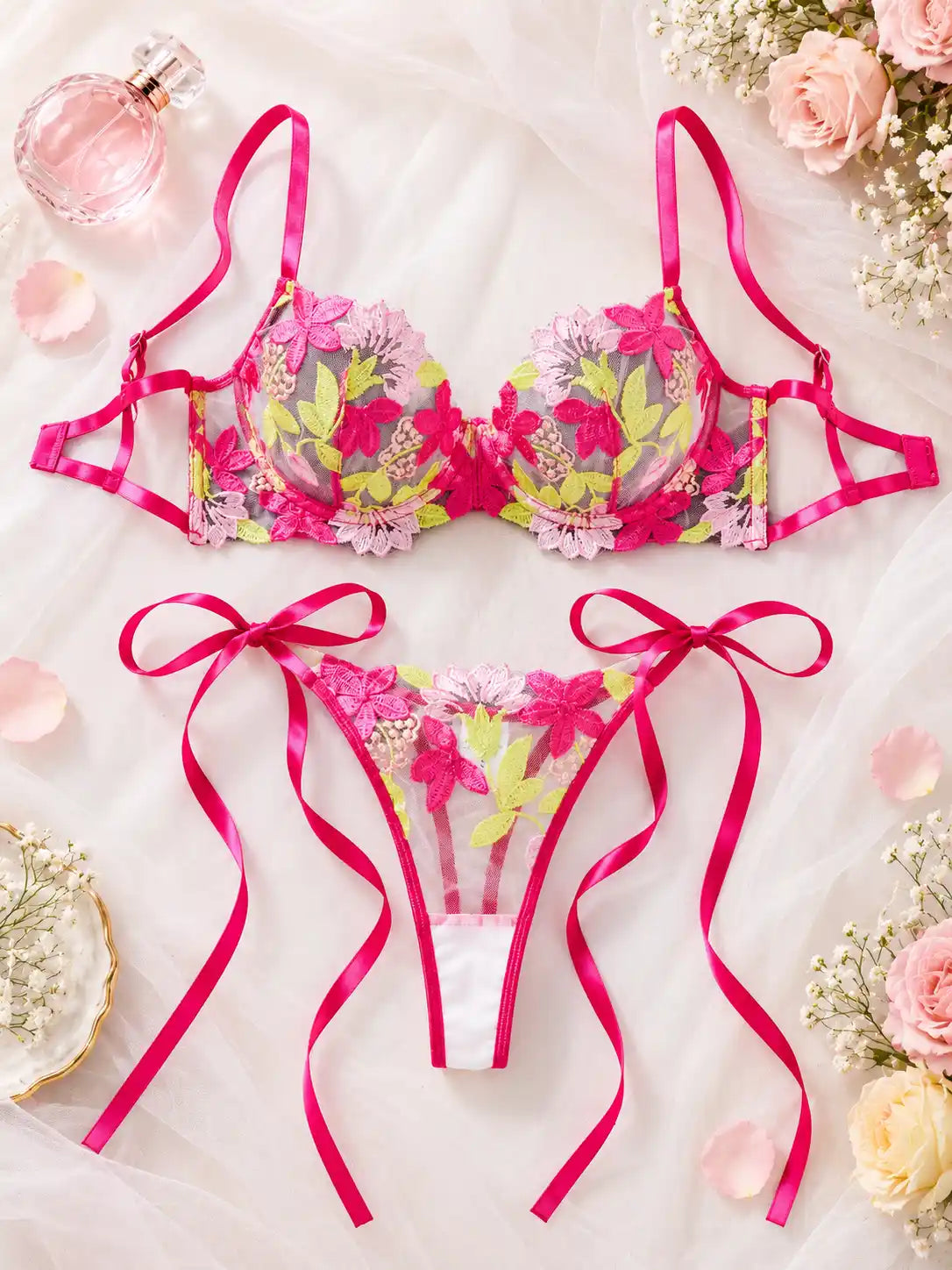FLORAL EMBROIDERY STRAPPY LINGERIE SET