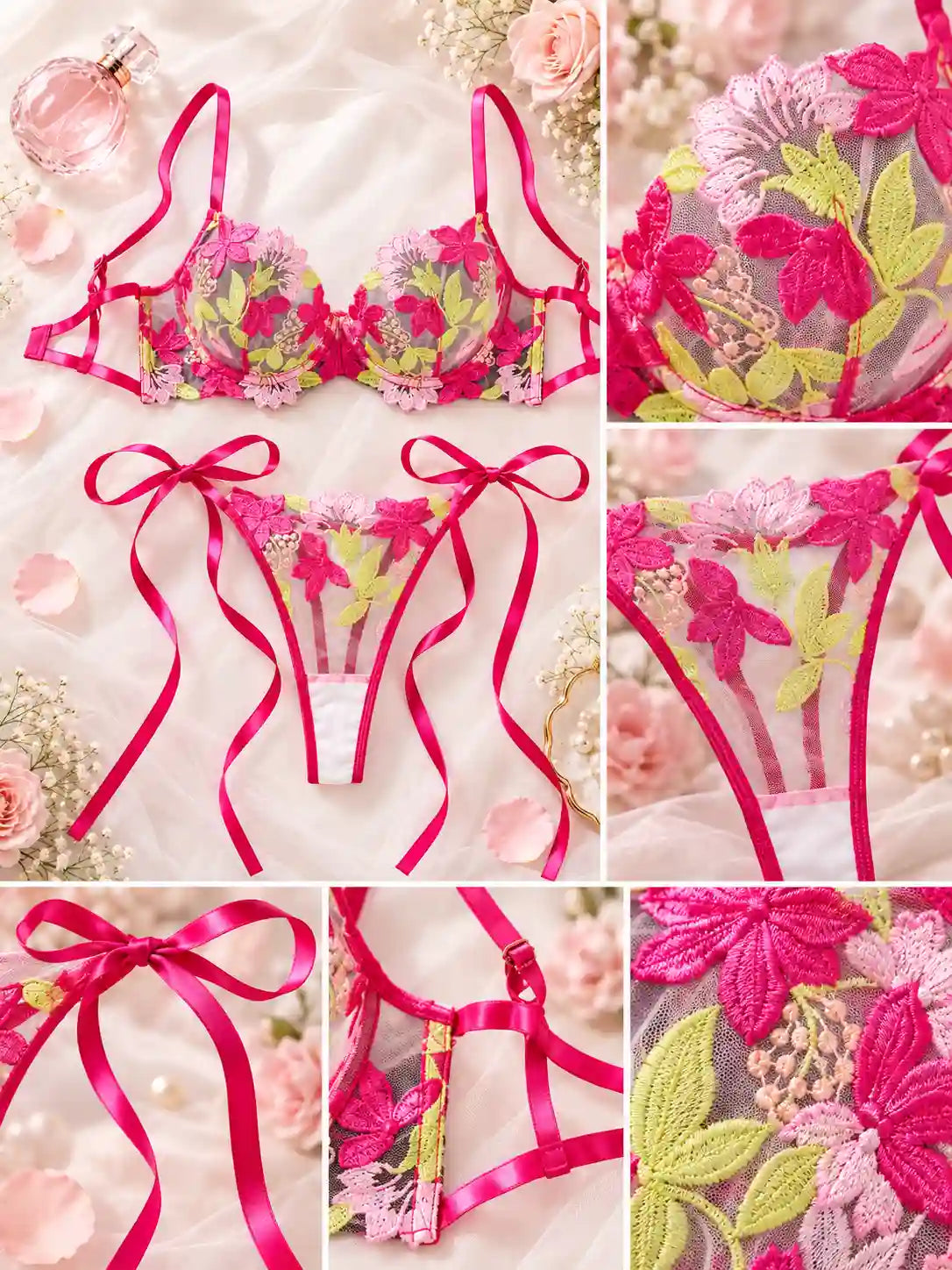 FLORAL EMBROIDERY STRAPPY LINGERIE SET