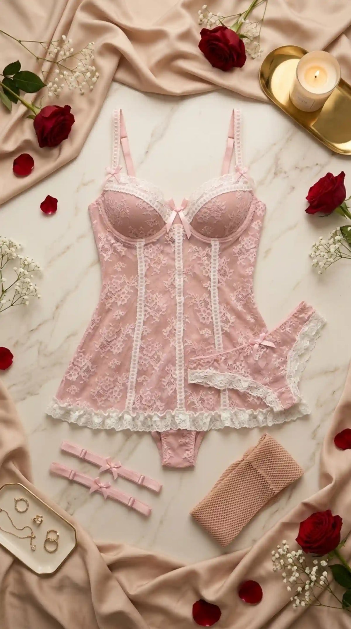 AMOUR SHEER LACE TEDDY DRESS | PINK