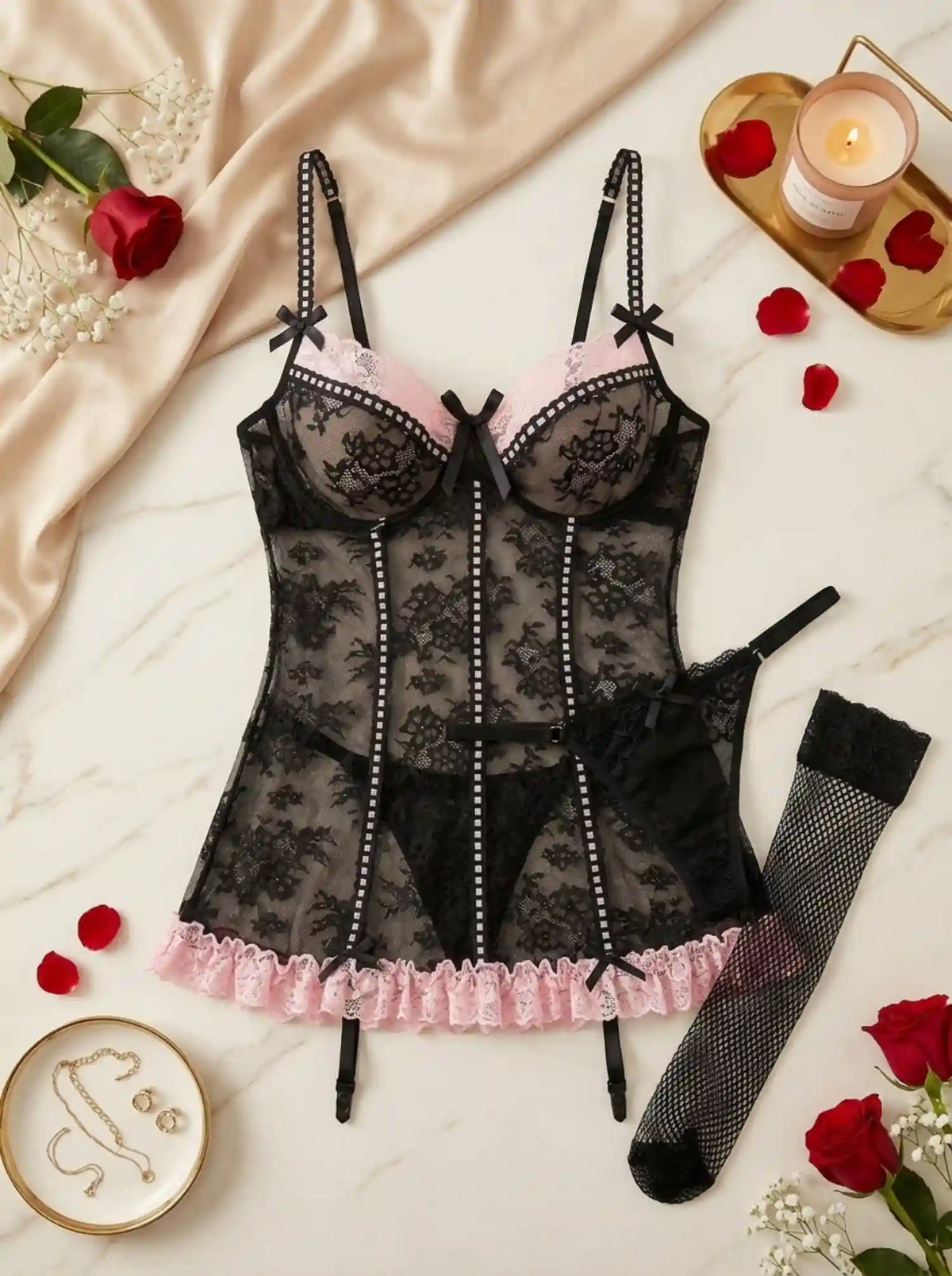 AMOUR SHEER LACE TEDDY DRESS | BLACK