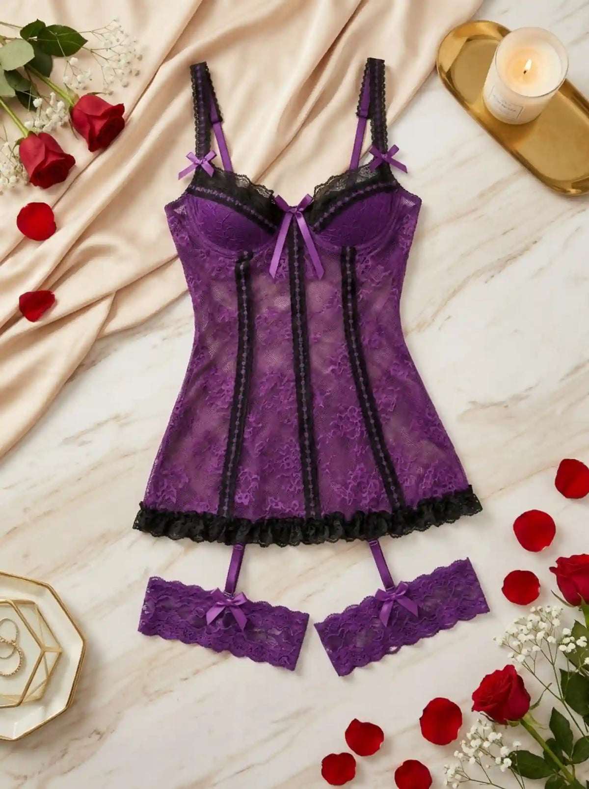 AMOUR SHEER LACE TEDDY DRESS | PURPLE