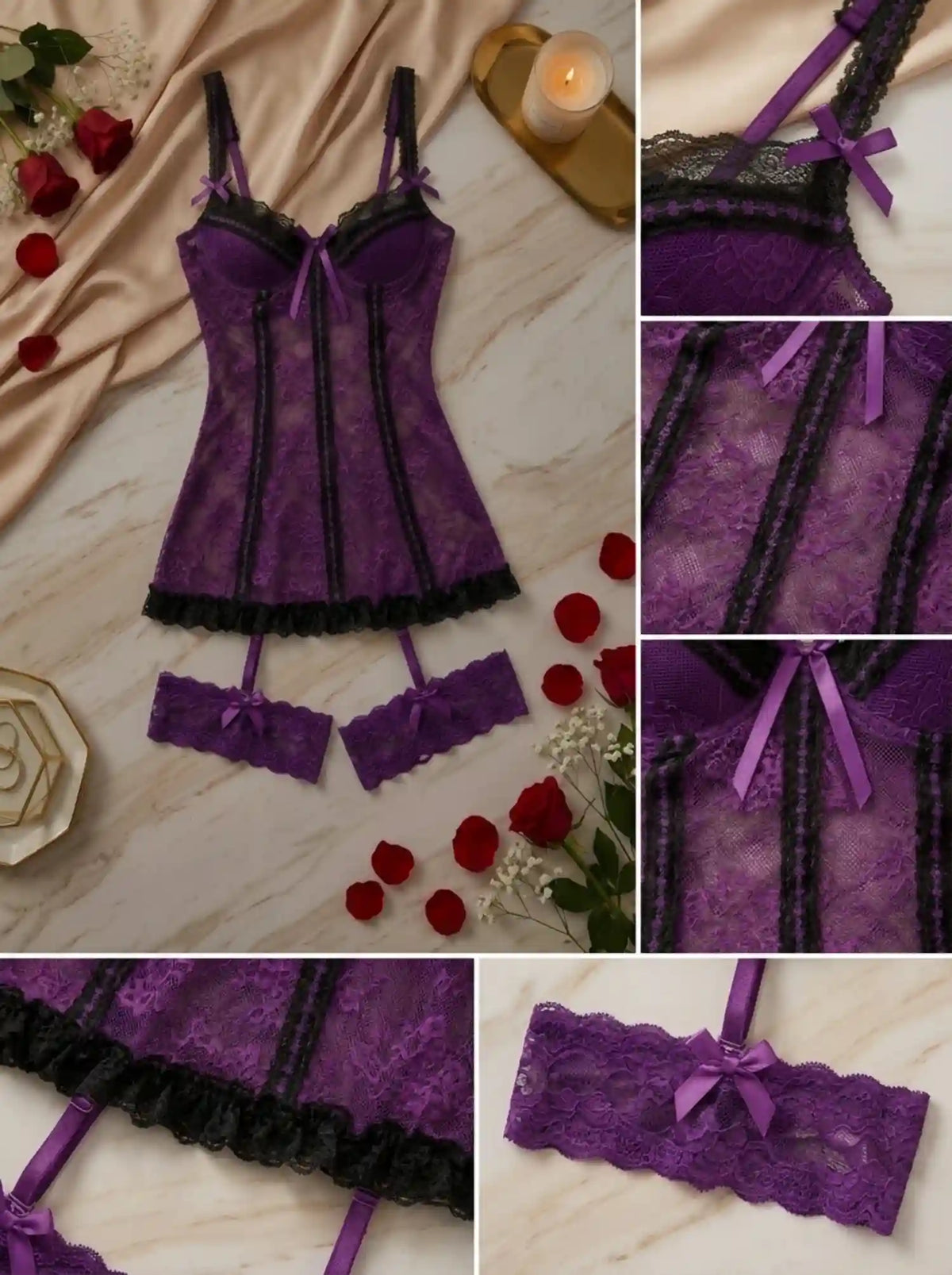 AMOUR SHEER LACE TEDDY DRESS | PURPLE