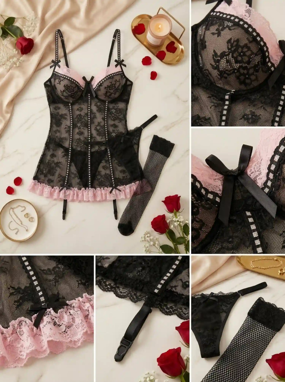 AMOUR SHEER LACE TEDDY DRESS | BLACK