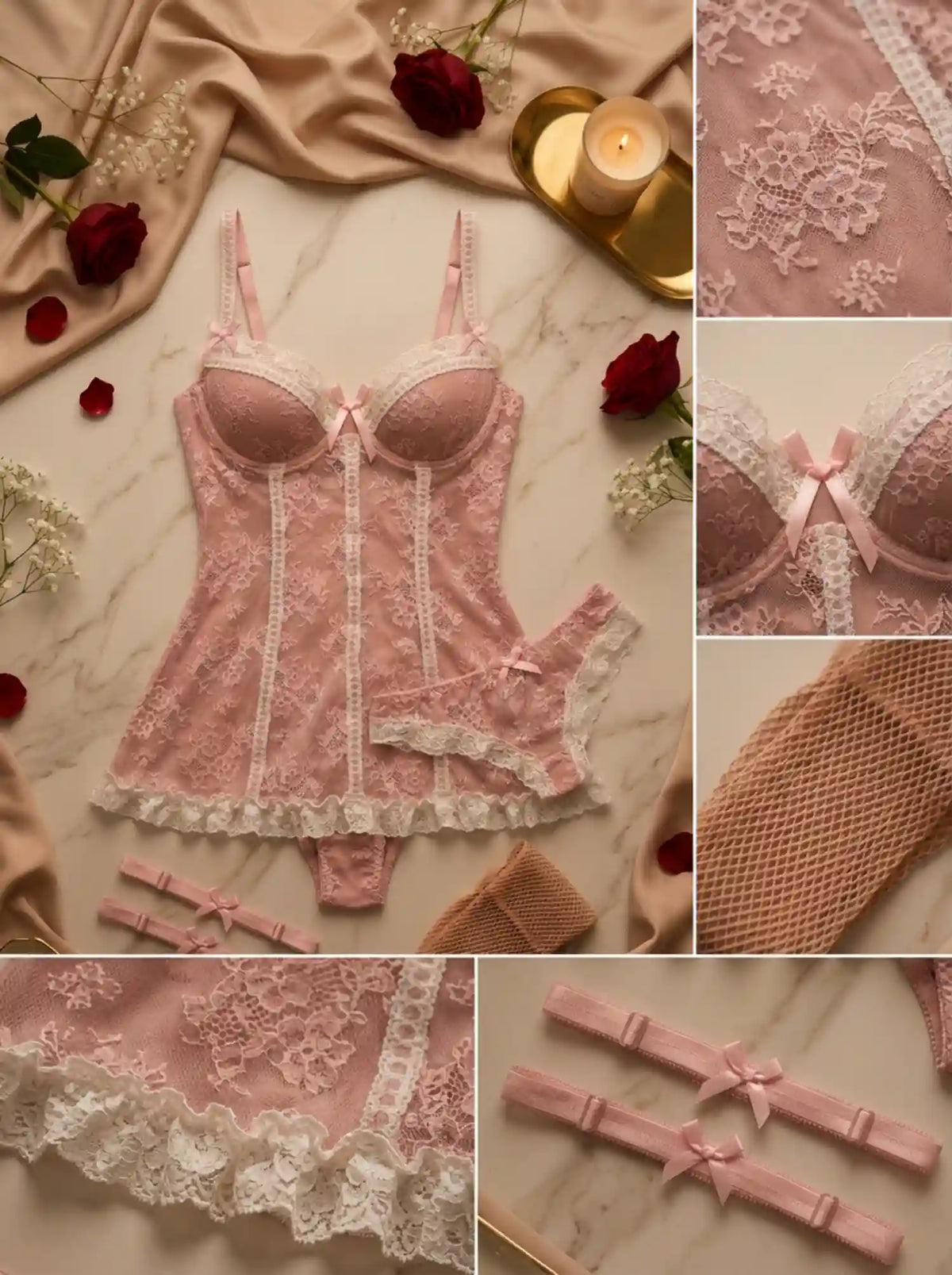 AMOUR SHEER LACE TEDDY DRESS | PINK