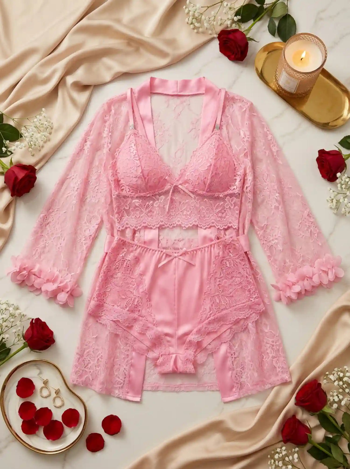 SHEER LACE LINGERIE & ROBE SET
