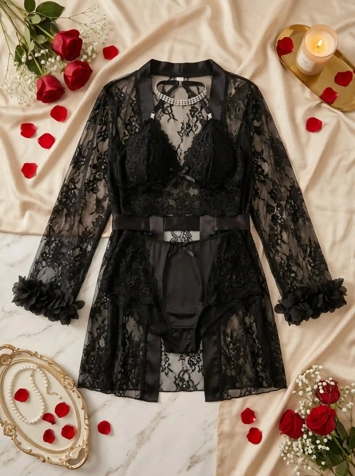 SHEER LACE LINGERIE & ROBE SET