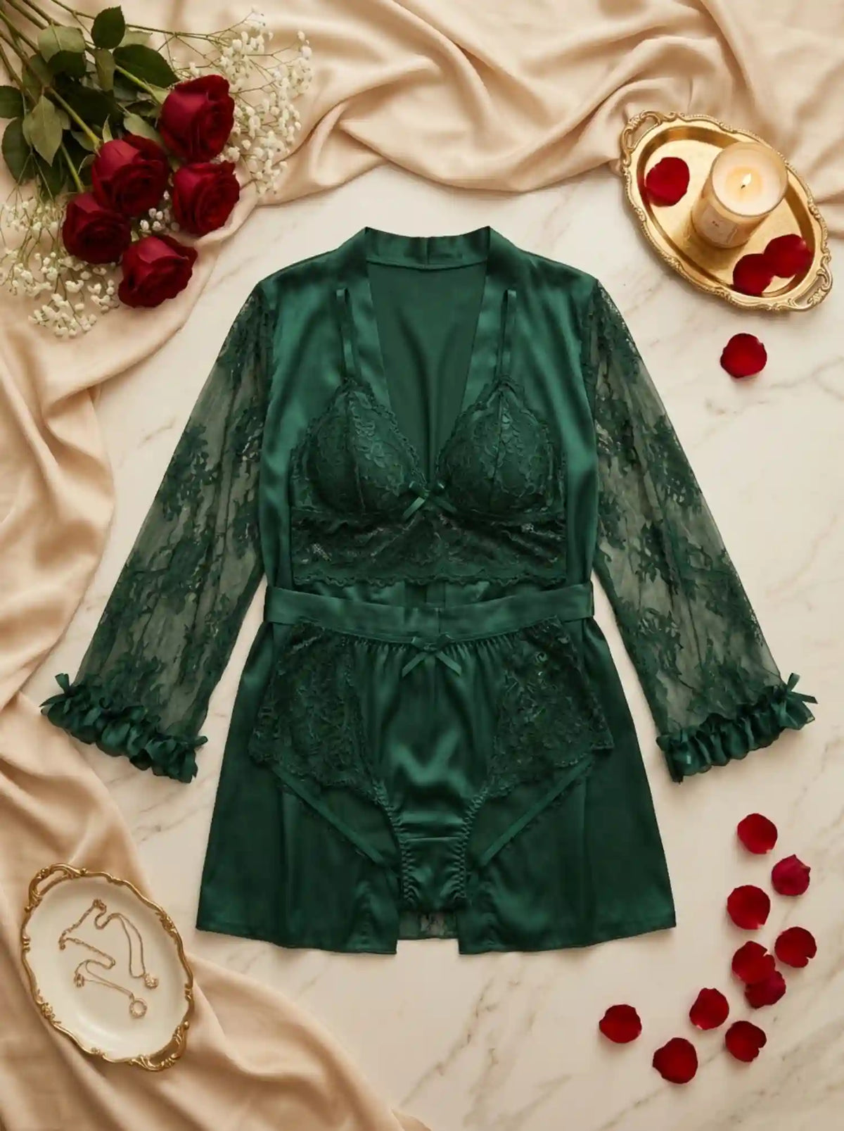 SHEER LACE LINGERIE & ROBE SET