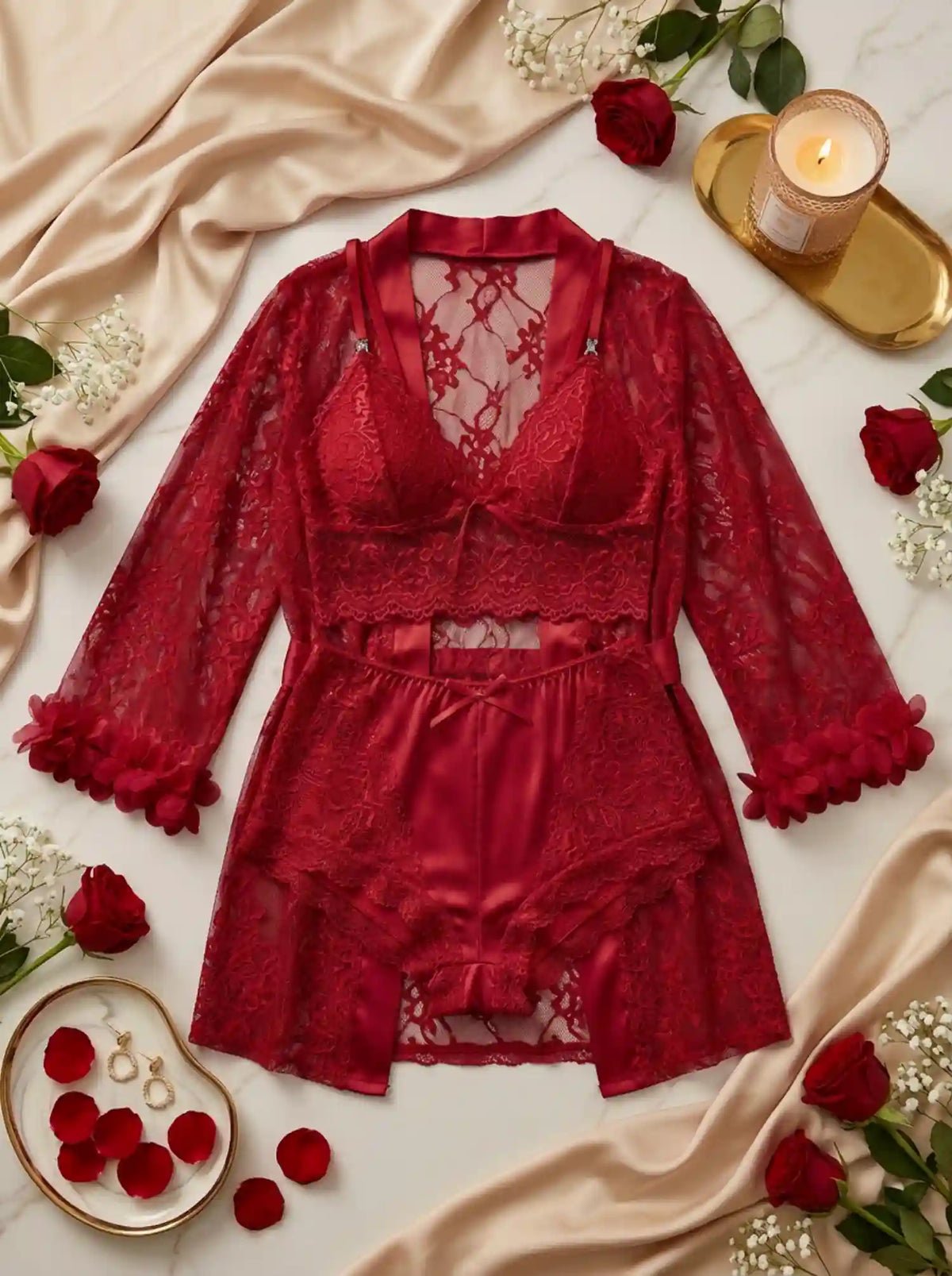 SHEER LACE LINGERIE & ROBE SET