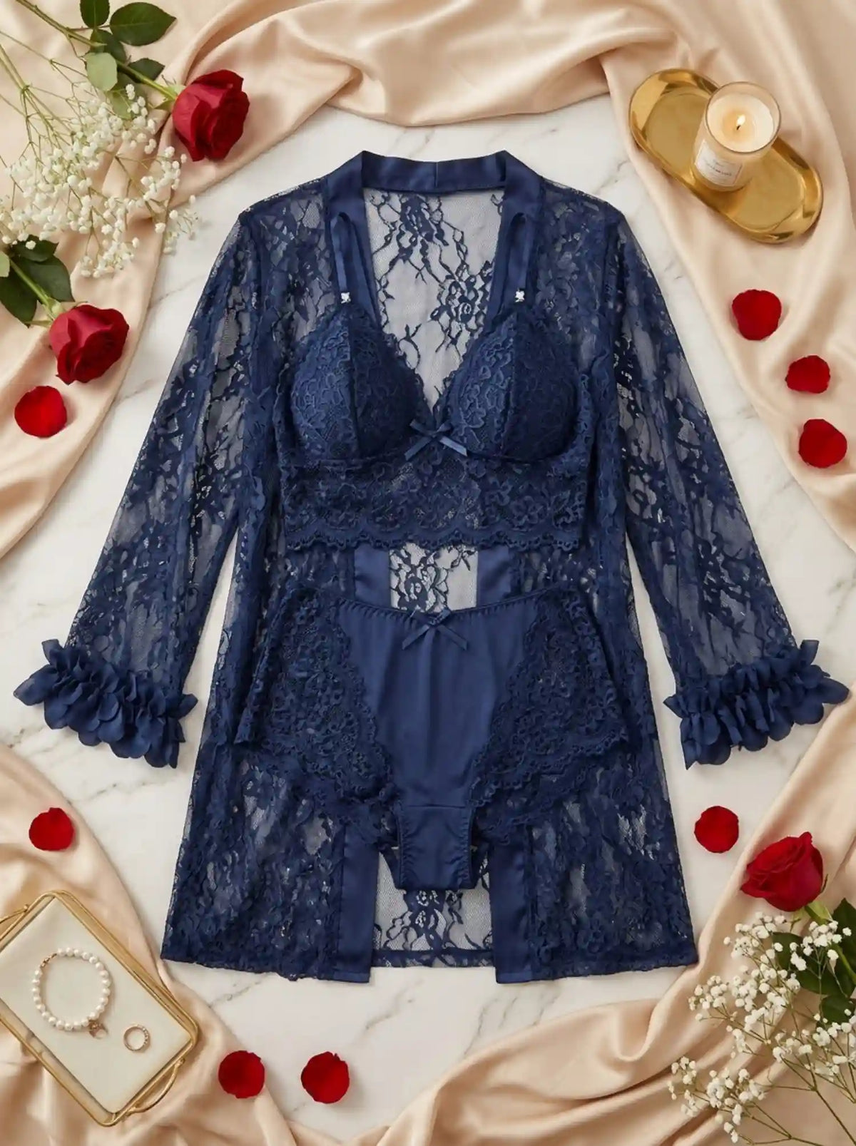 SHEER LACE LINGERIE & ROBE SET