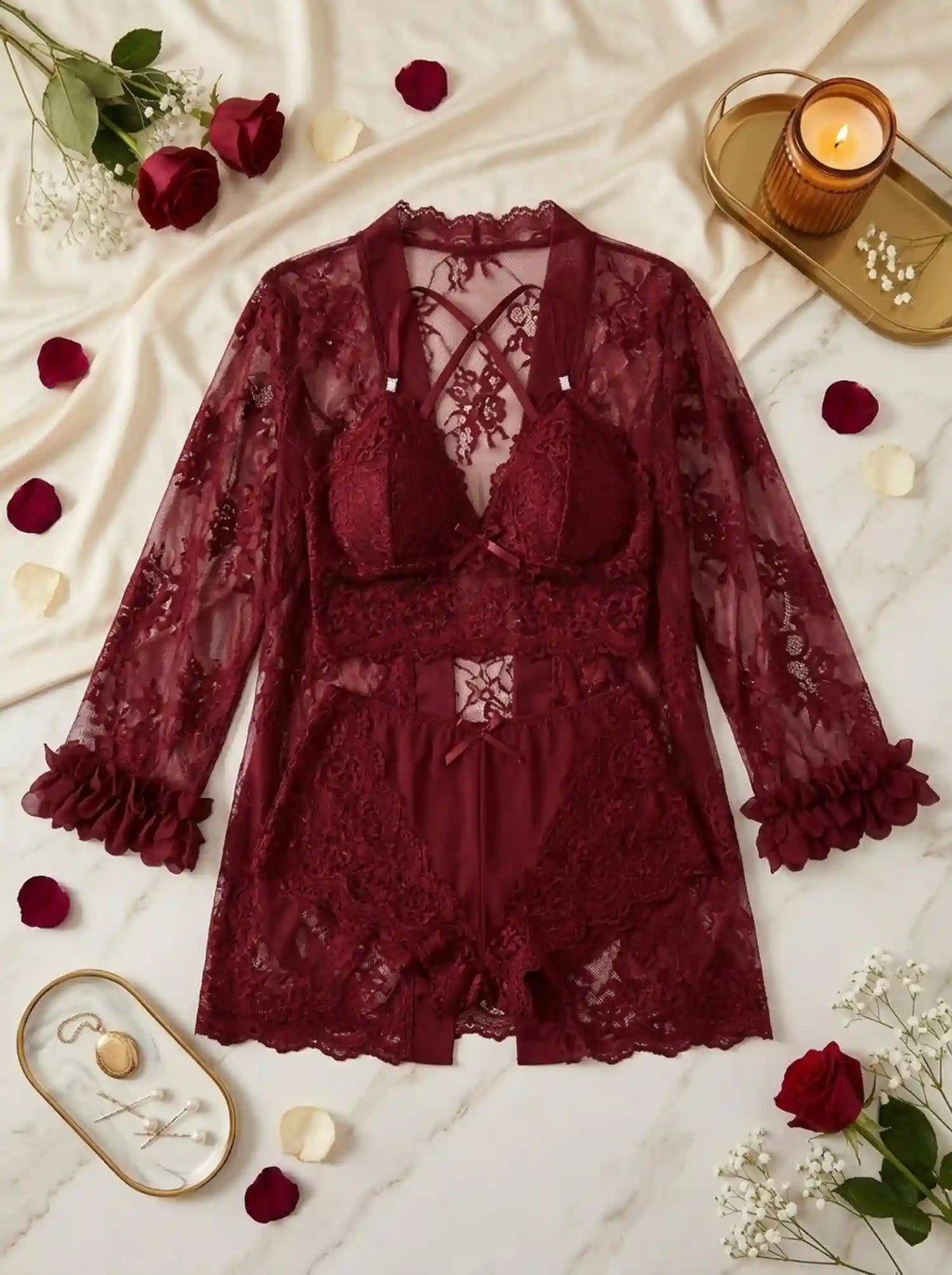 SHEER LACE LINGERIE & ROBE SET