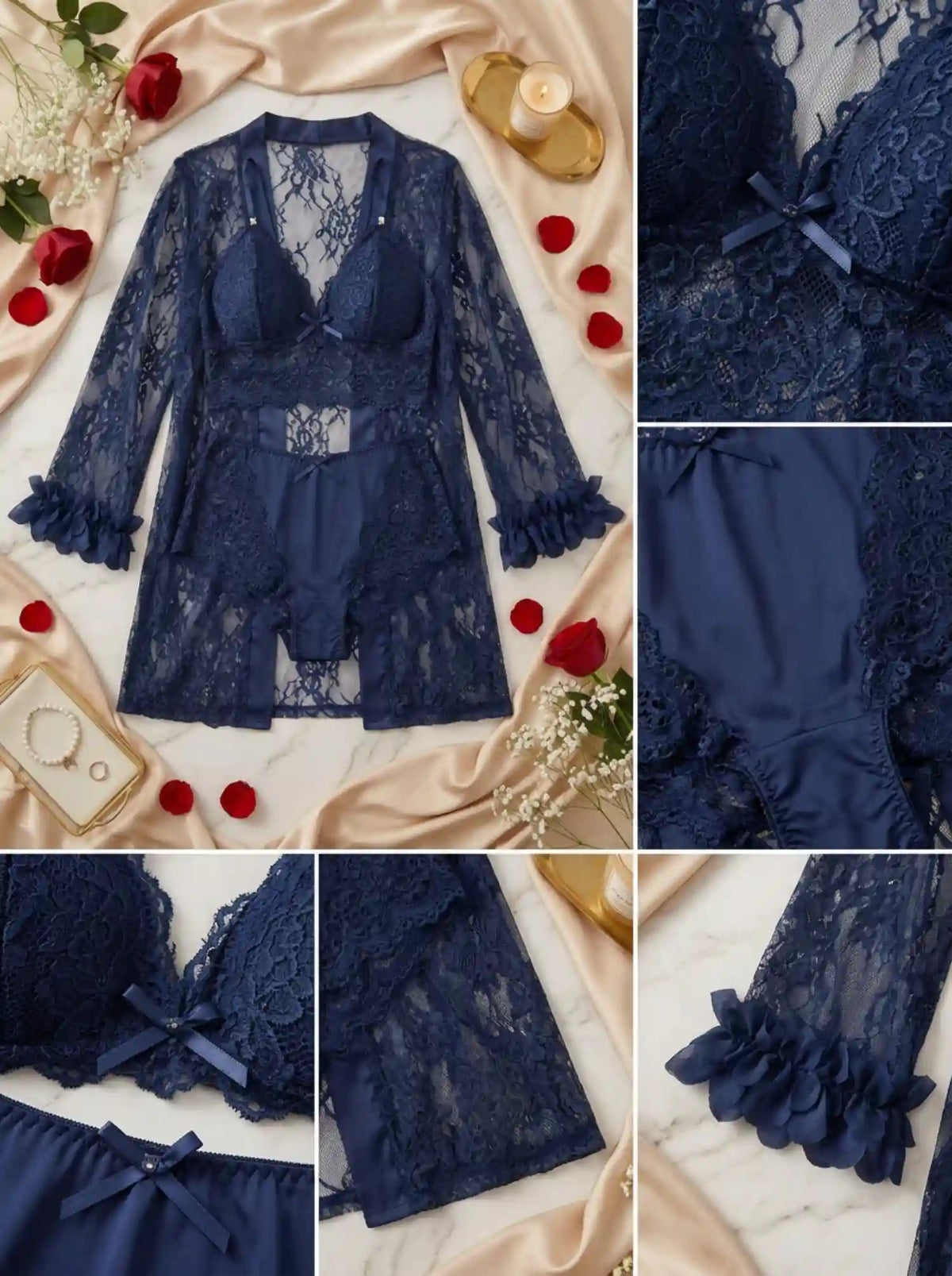 SHEER LACE LINGERIE & ROBE SET