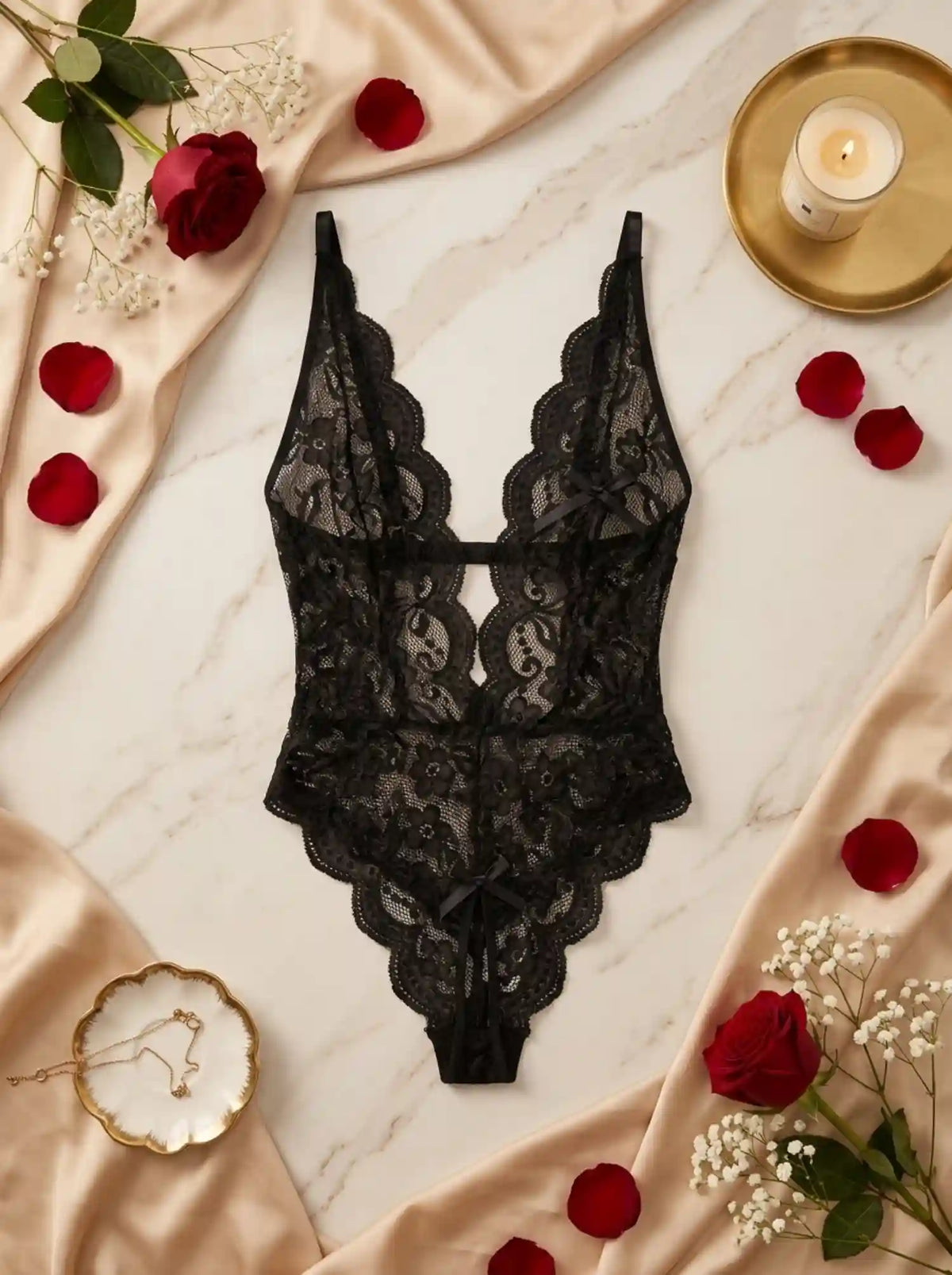 NIGHT ALLURE BACKLESS LACE BODYSUIT | BLACK