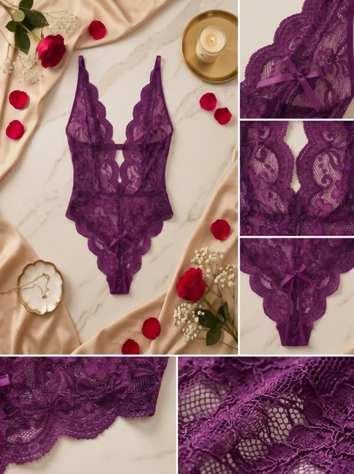 NIGHT ALLURE BACKLESS LACE BODYSUIT | PURPLE