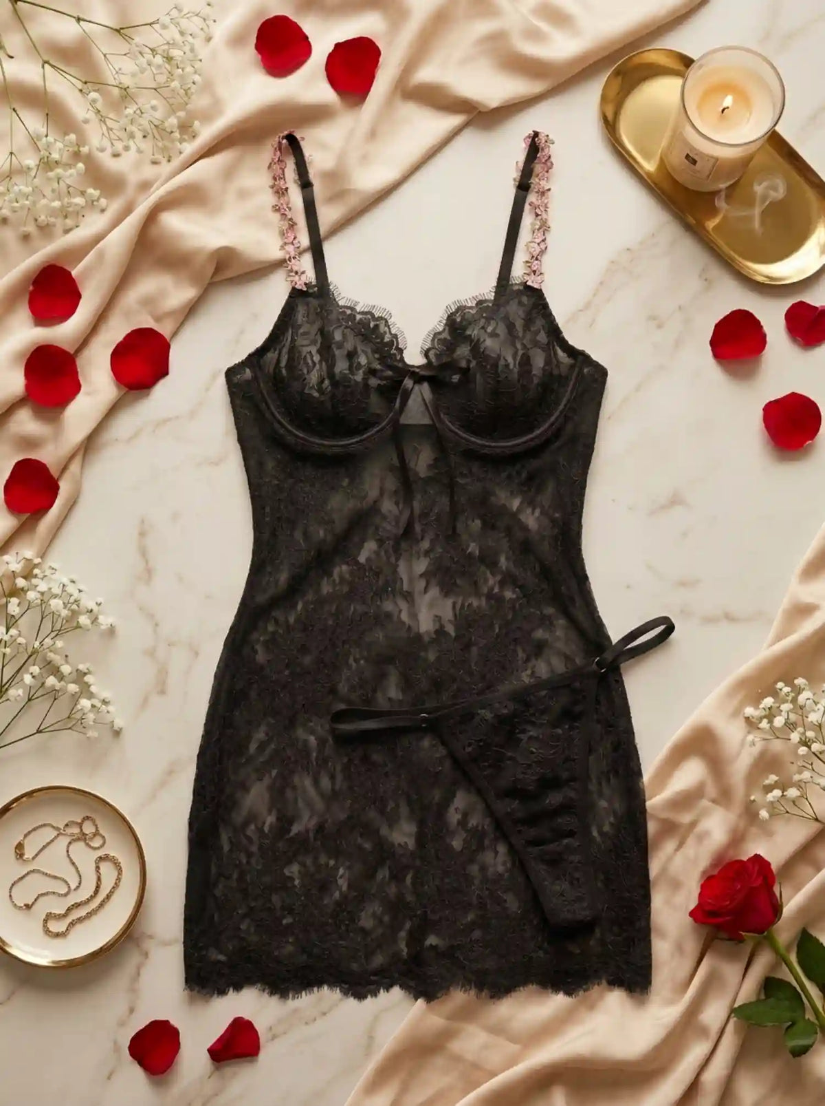 BACKLESS LACE HALTER BABYDOLL | BLACK