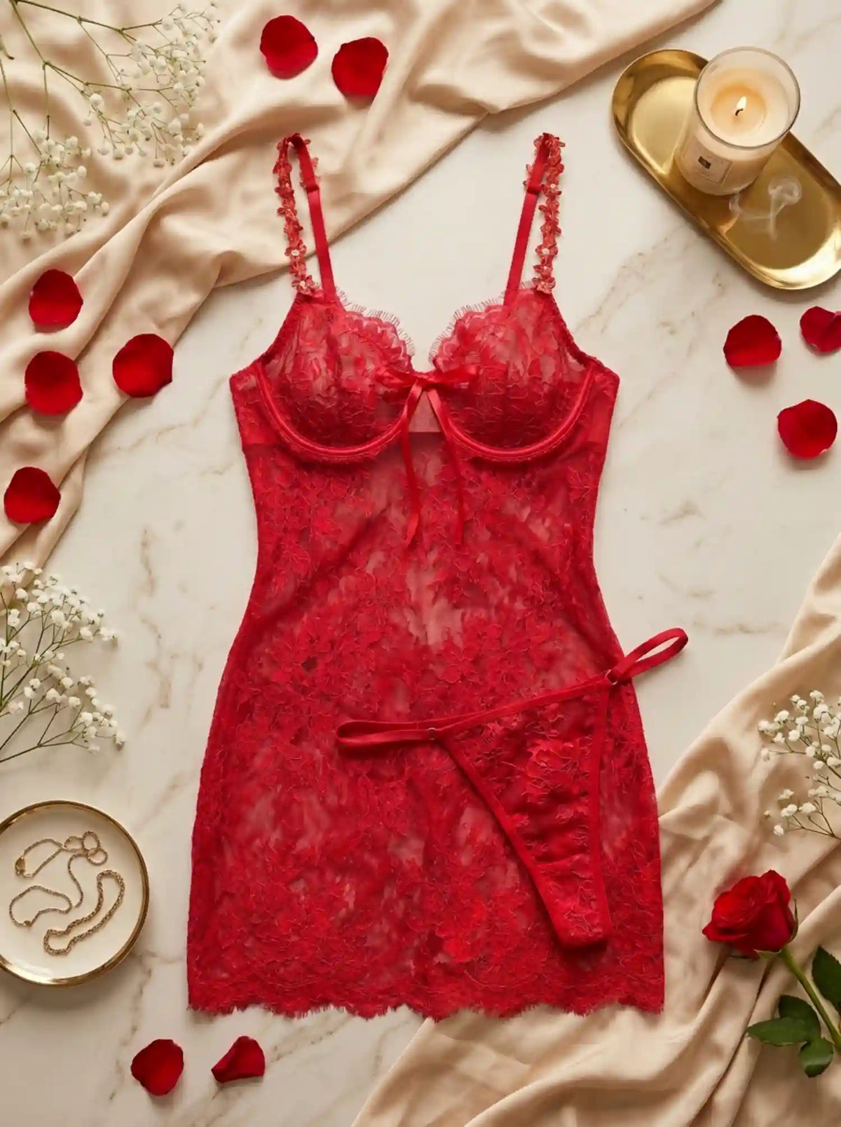BACKLESS LACE HALTER BABYDOLL | RED