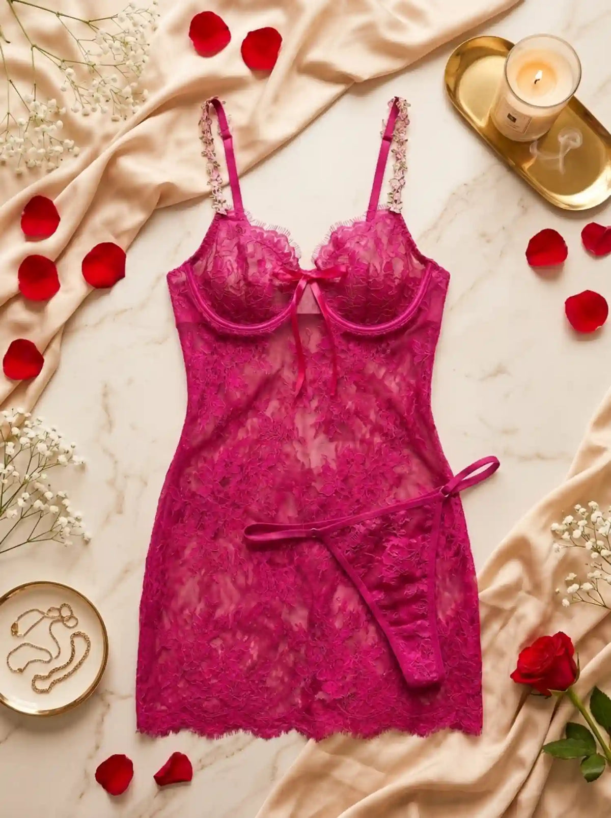 BACKLESS LACE HALTER BABYDOLL | PINK