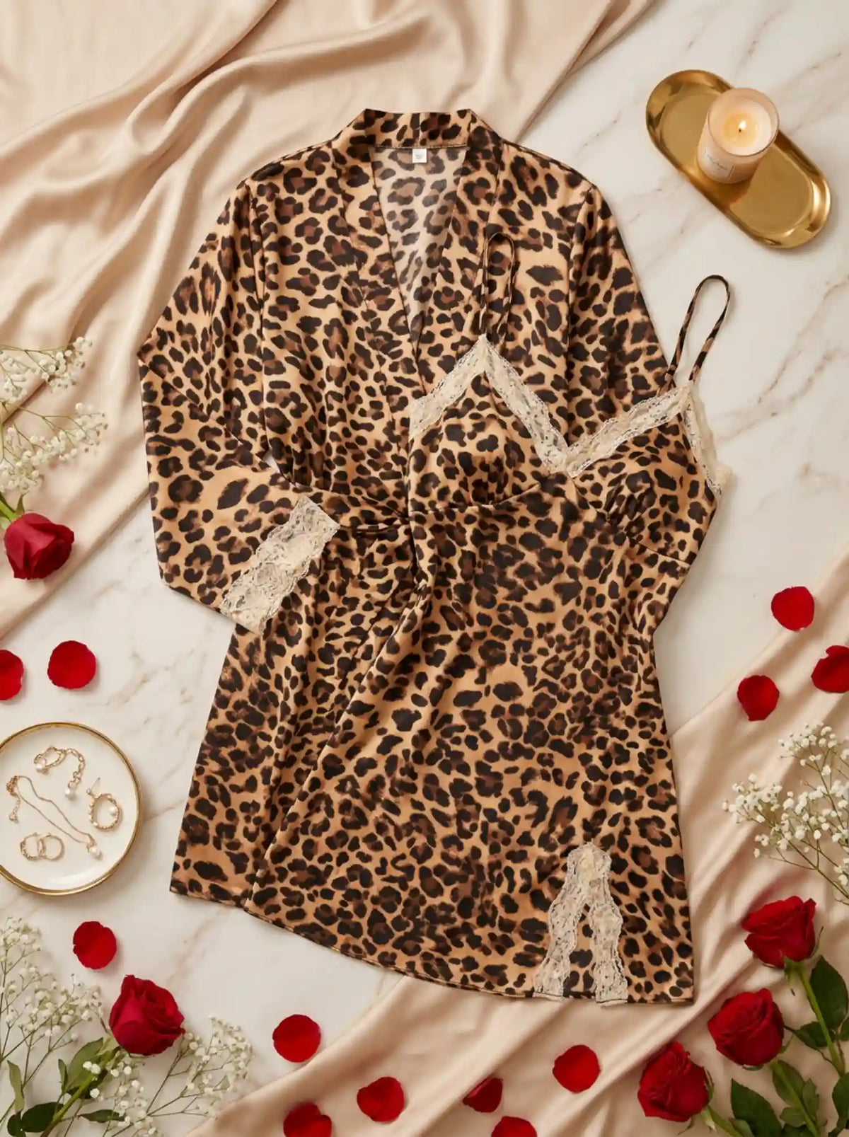 LUXE LEOPARD SATIN CAMI & ROBE SET