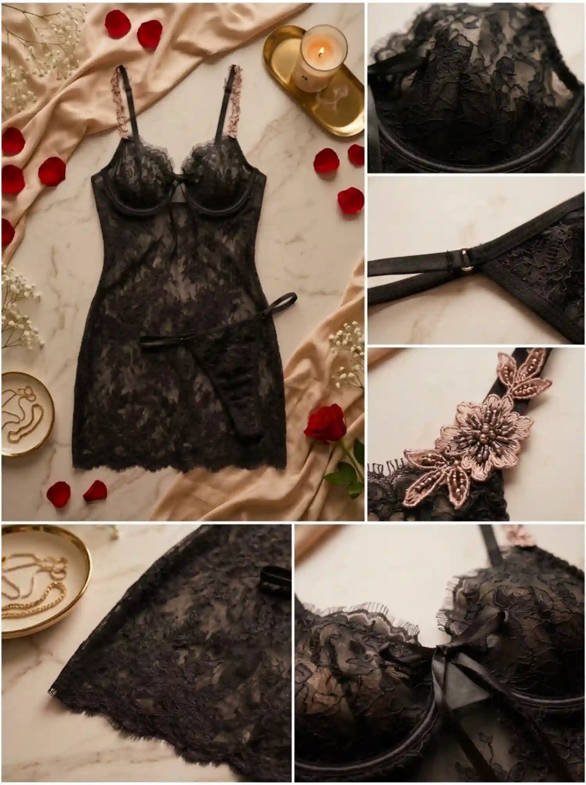 BACKLESS LACE HALTER BABYDOLL | BLACK