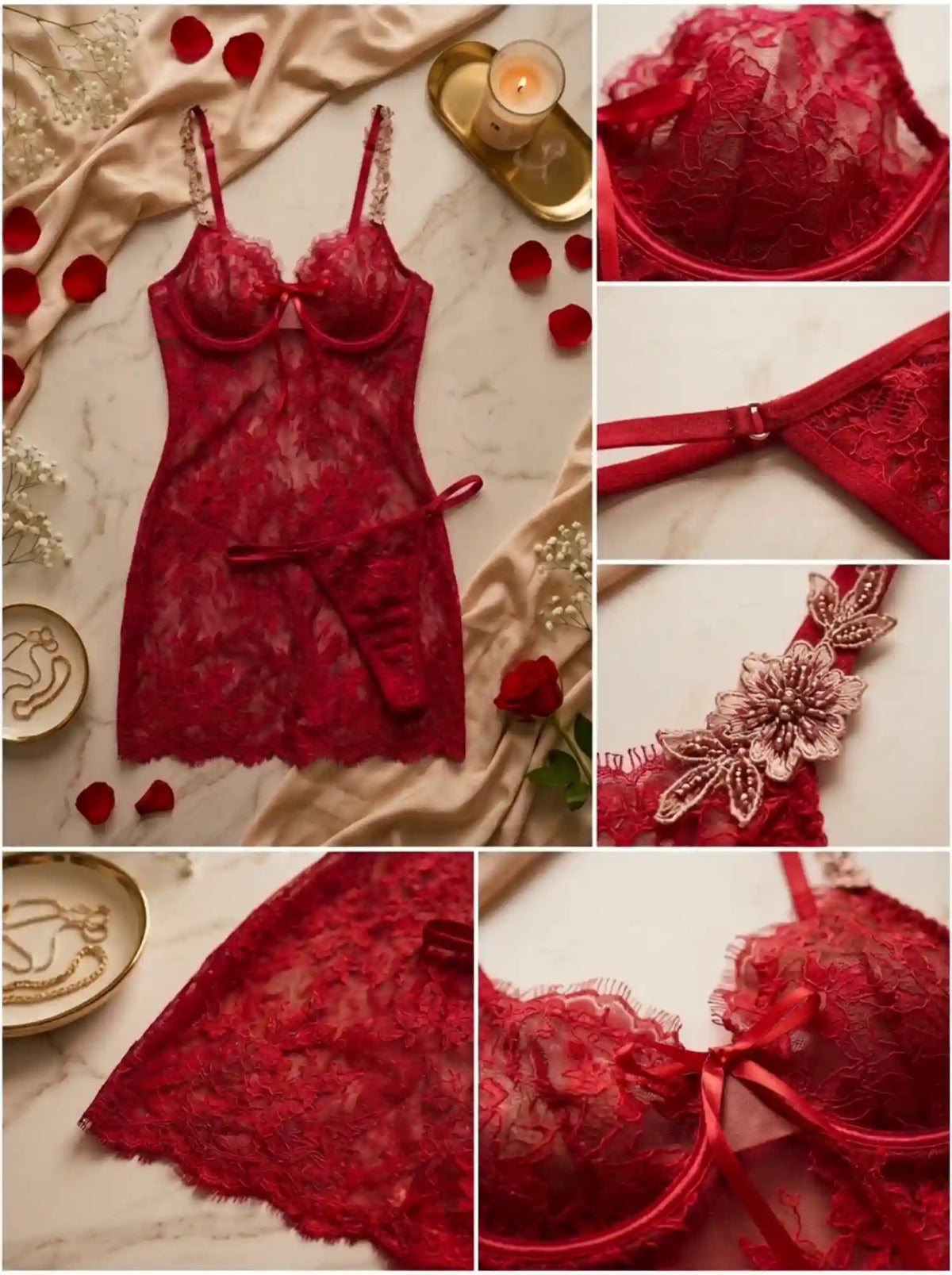 BACKLESS LACE HALTER BABYDOLL | RED