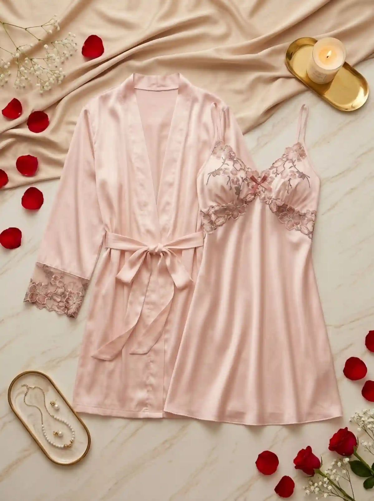 EMBROIDERED SATIN LACE SLEEP SET