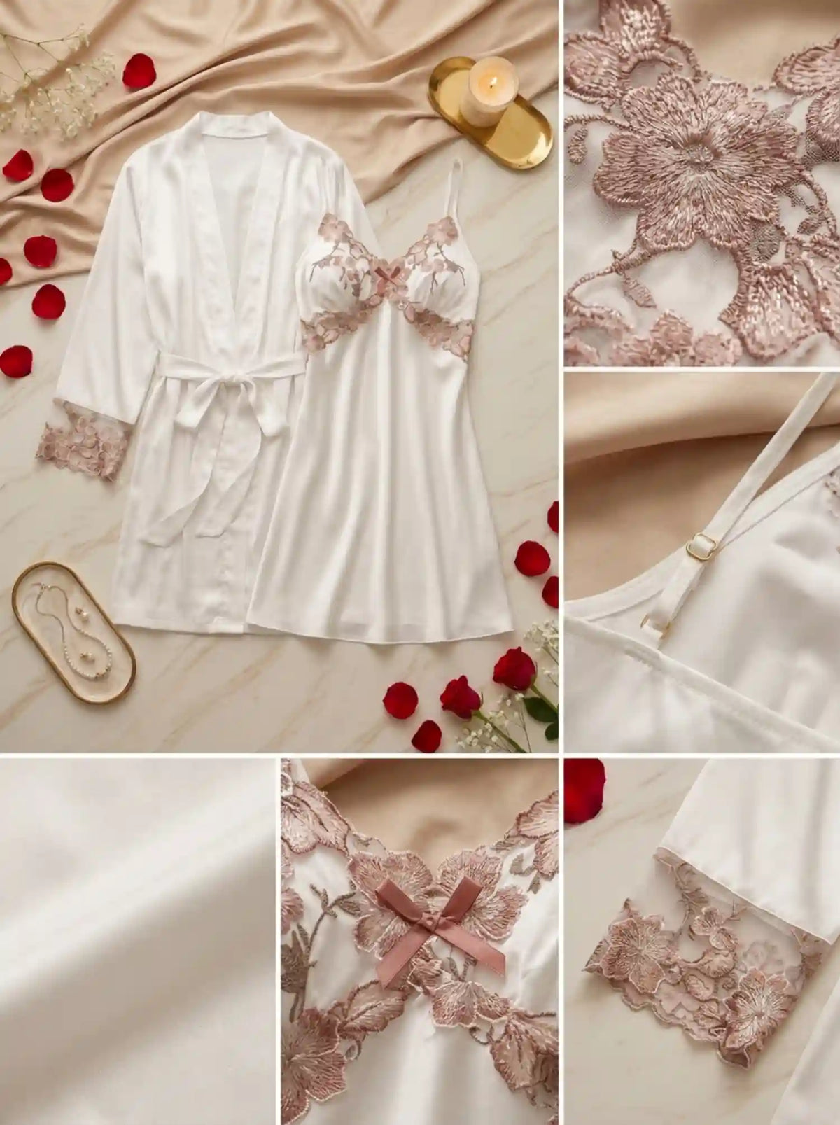 EMBROIDERED SATIN LACE SLEEP SET