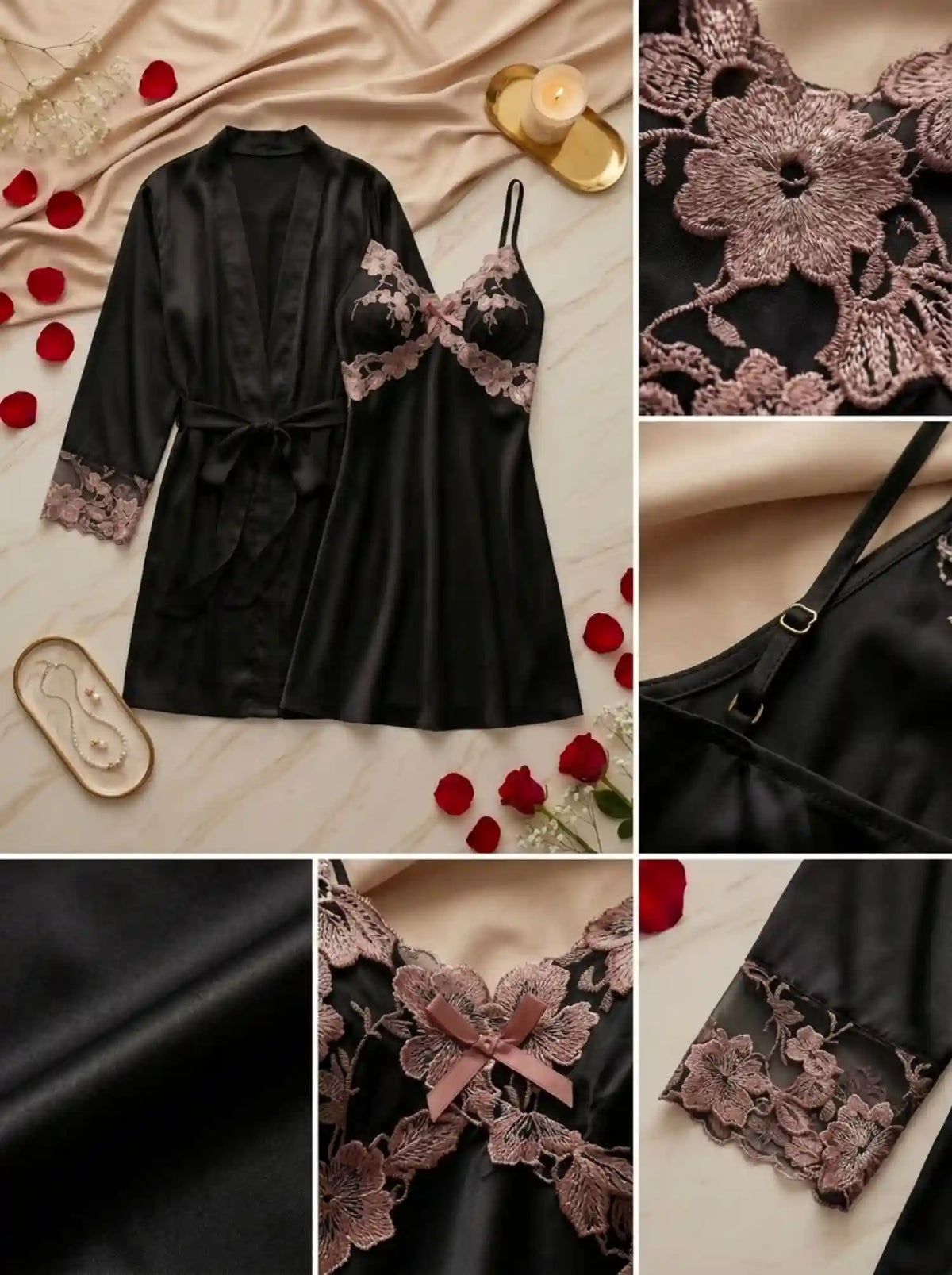 EMBROIDERED SATIN LACE SLEEP SET