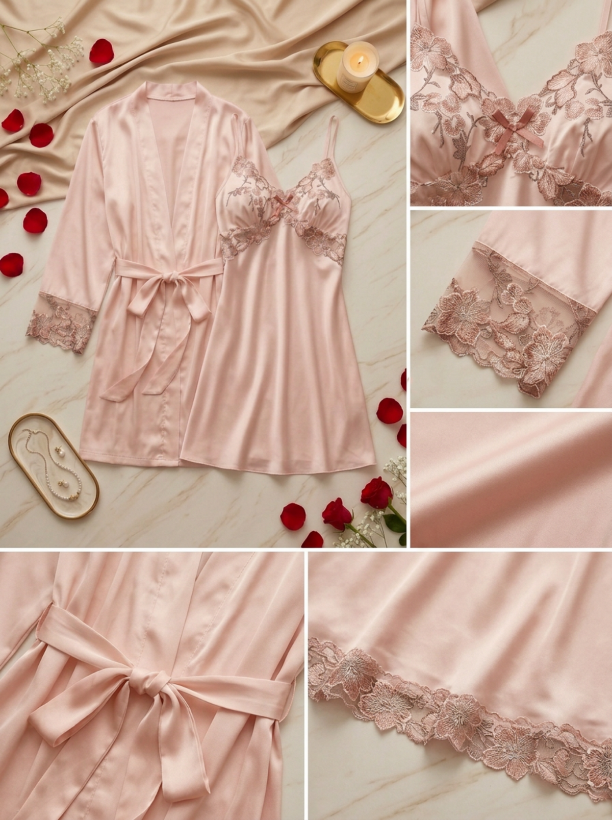EMBROIDERED SATIN LACE SLEEP SET