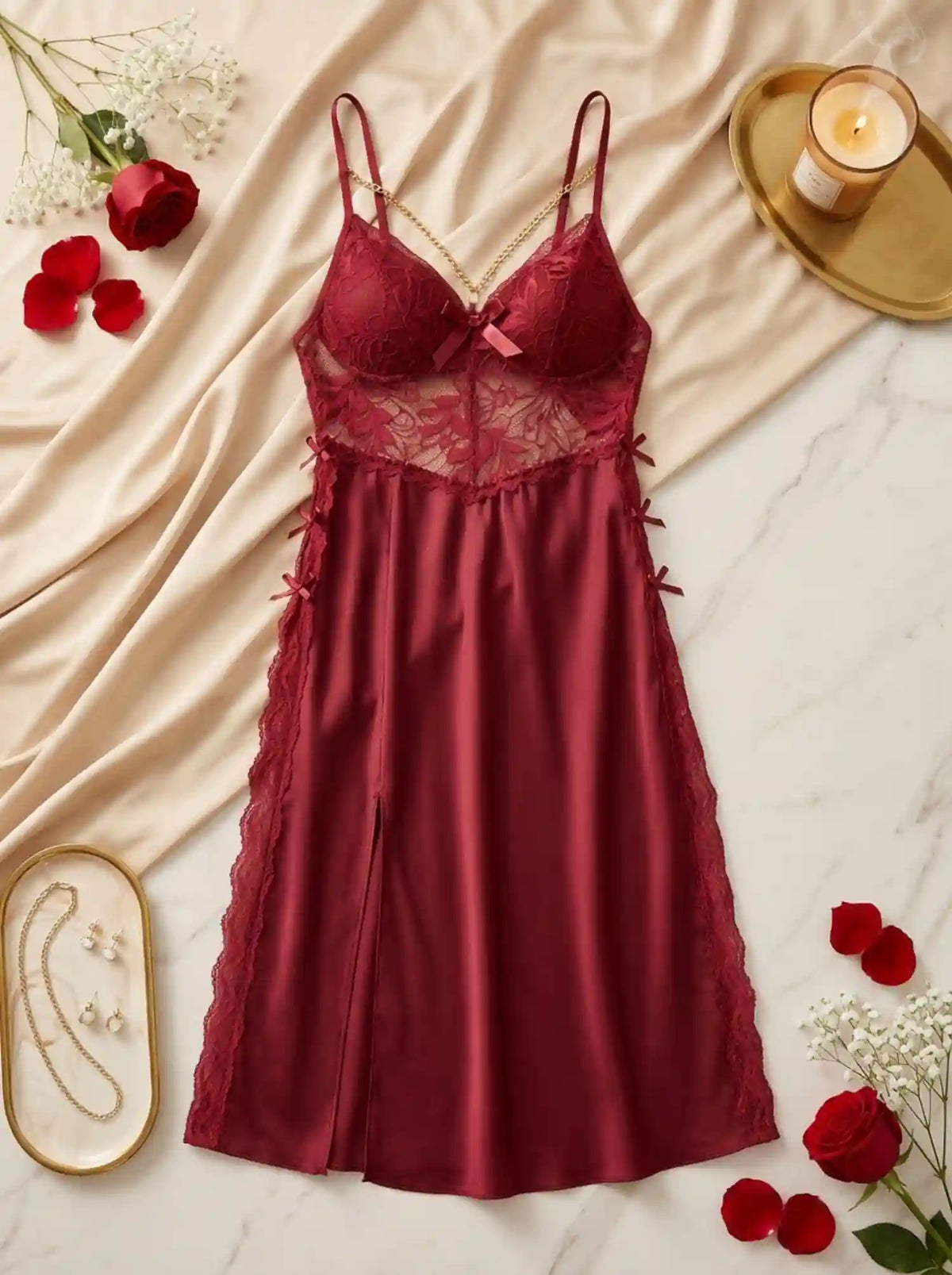 CHAIN DETAIL LACE HIGH-SLIT NIGHTGOWN