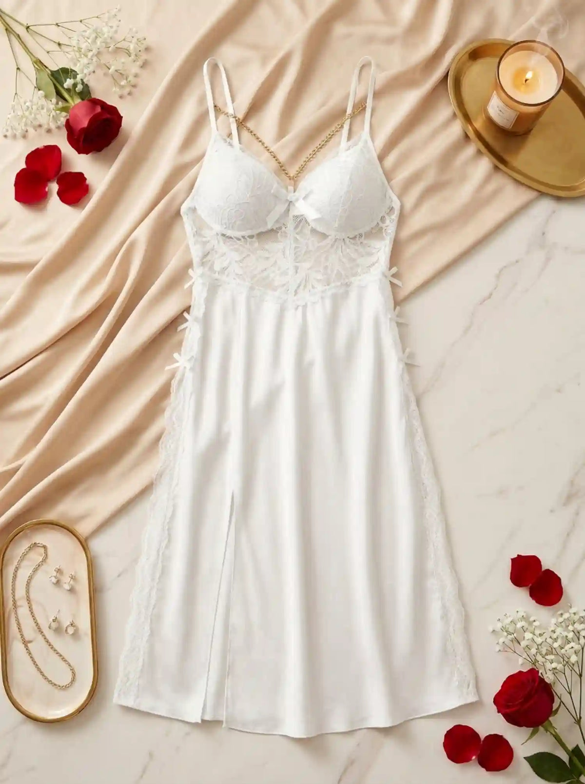 CHAIN DETAIL LACE HIGH-SLIT NIGHTGOWN