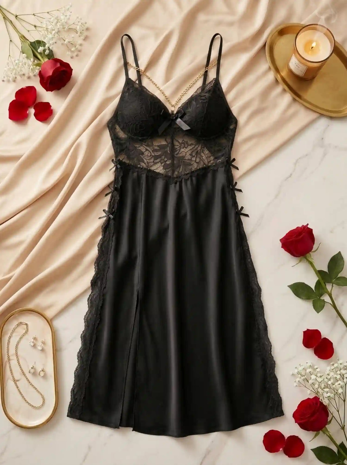 CHAIN DETAIL LACE HIGH-SLIT NIGHTGOWN