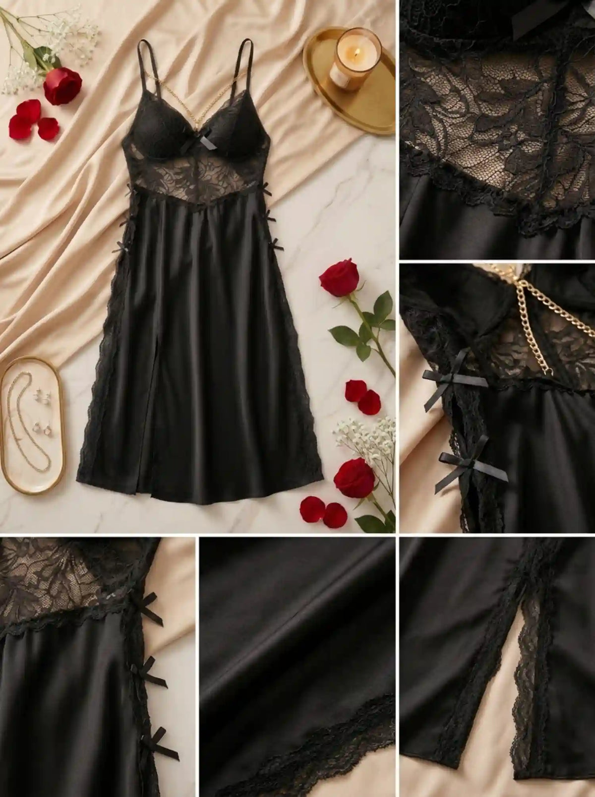 CHAIN DETAIL LACE HIGH-SLIT NIGHTGOWN