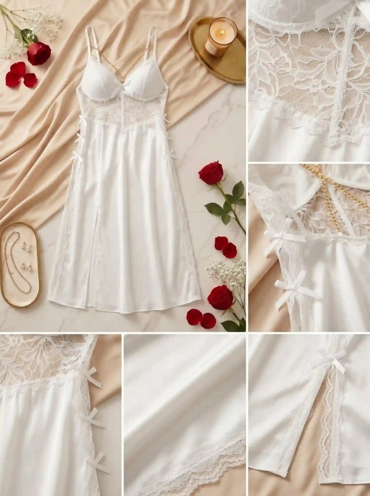 CHAIN DETAIL LACE HIGH-SLIT NIGHTGOWN