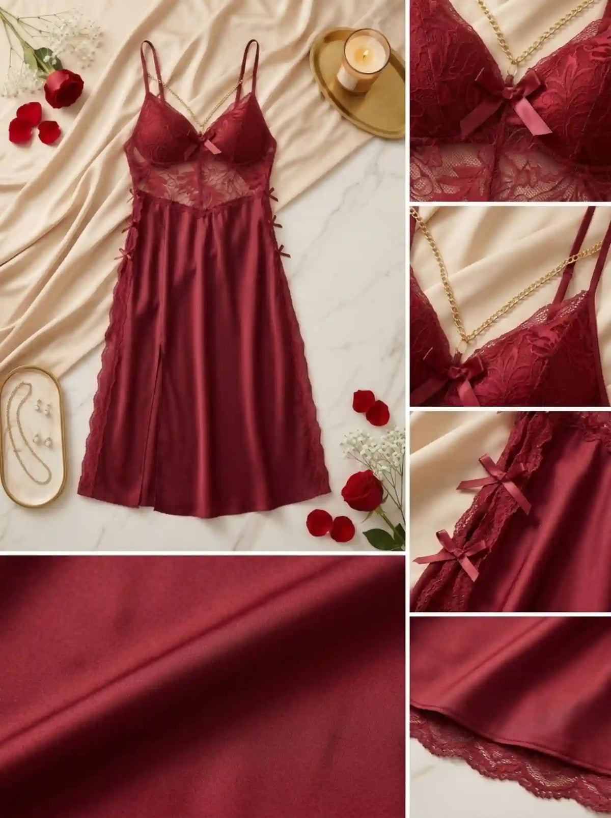 CHAIN DETAIL LACE HIGH-SLIT NIGHTGOWN