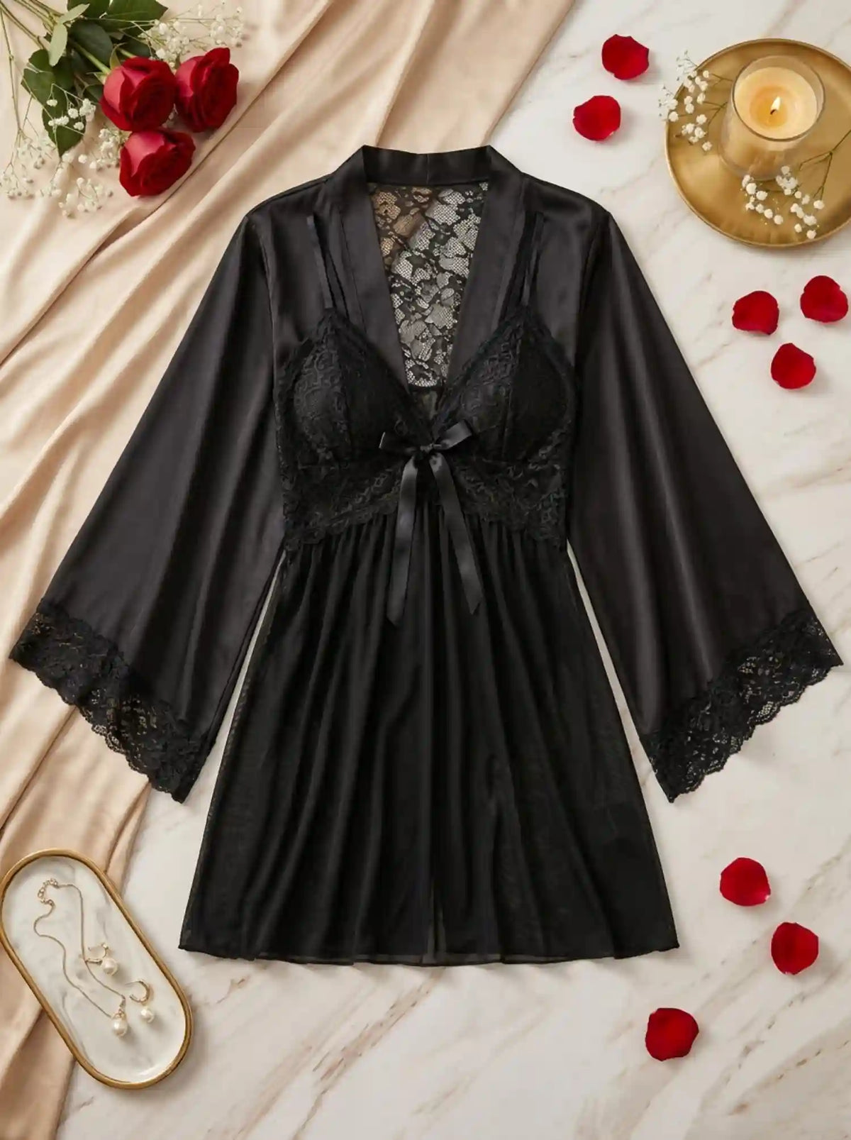 DUAL-TONE SATIN LACE CAMI & ROBE SET