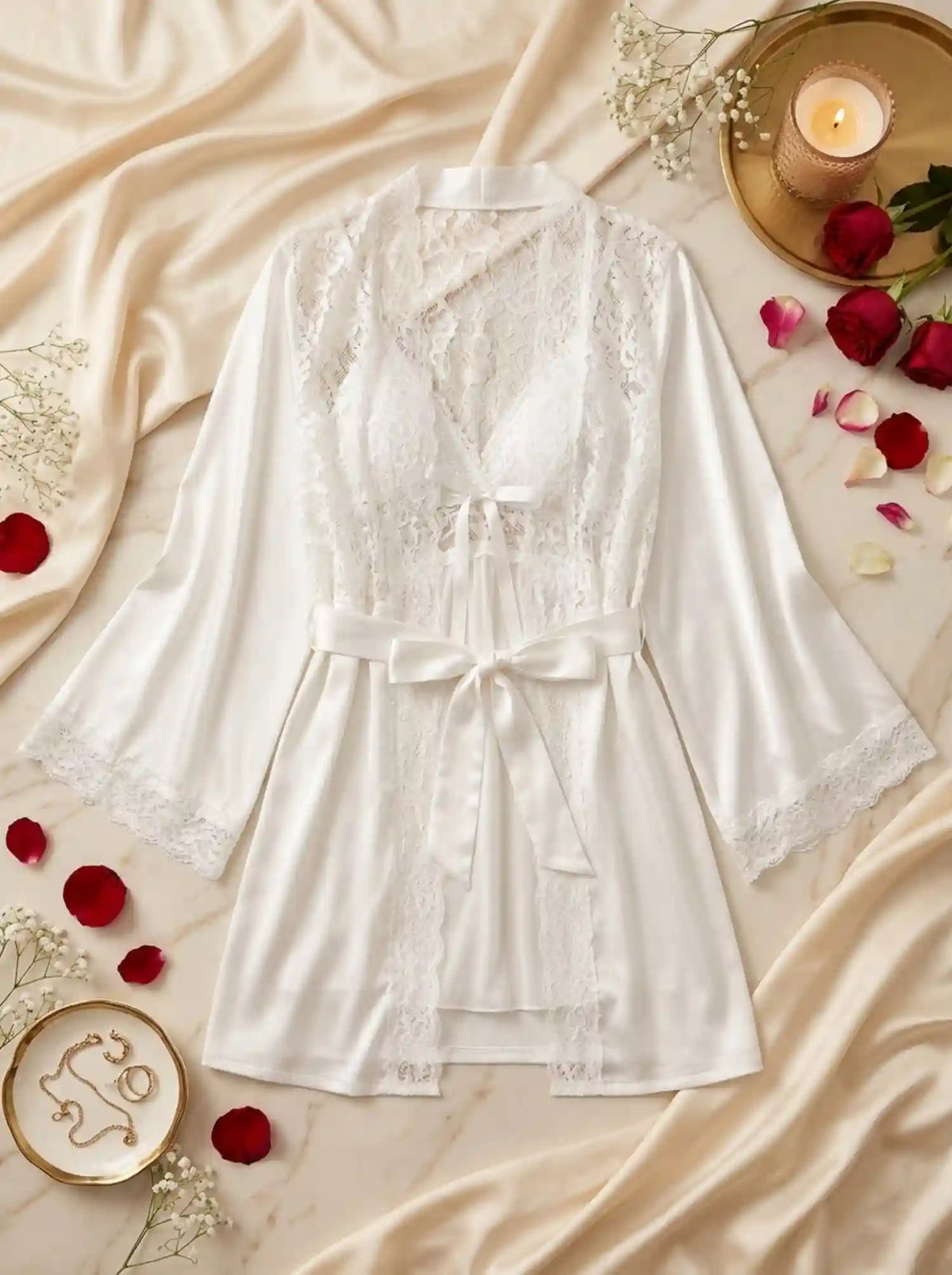 DUAL-TONE SATIN LACE CAMI & ROBE SET