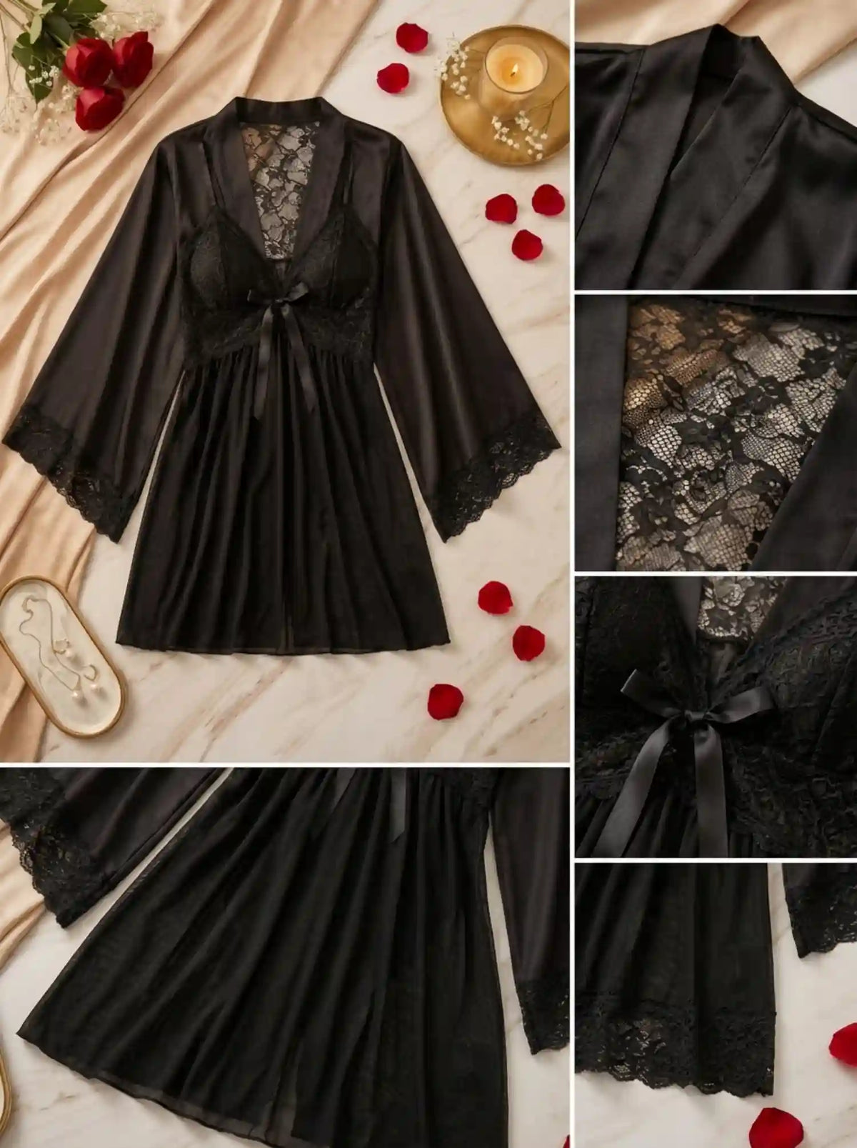 DUAL-TONE SATIN LACE CAMI & ROBE SET