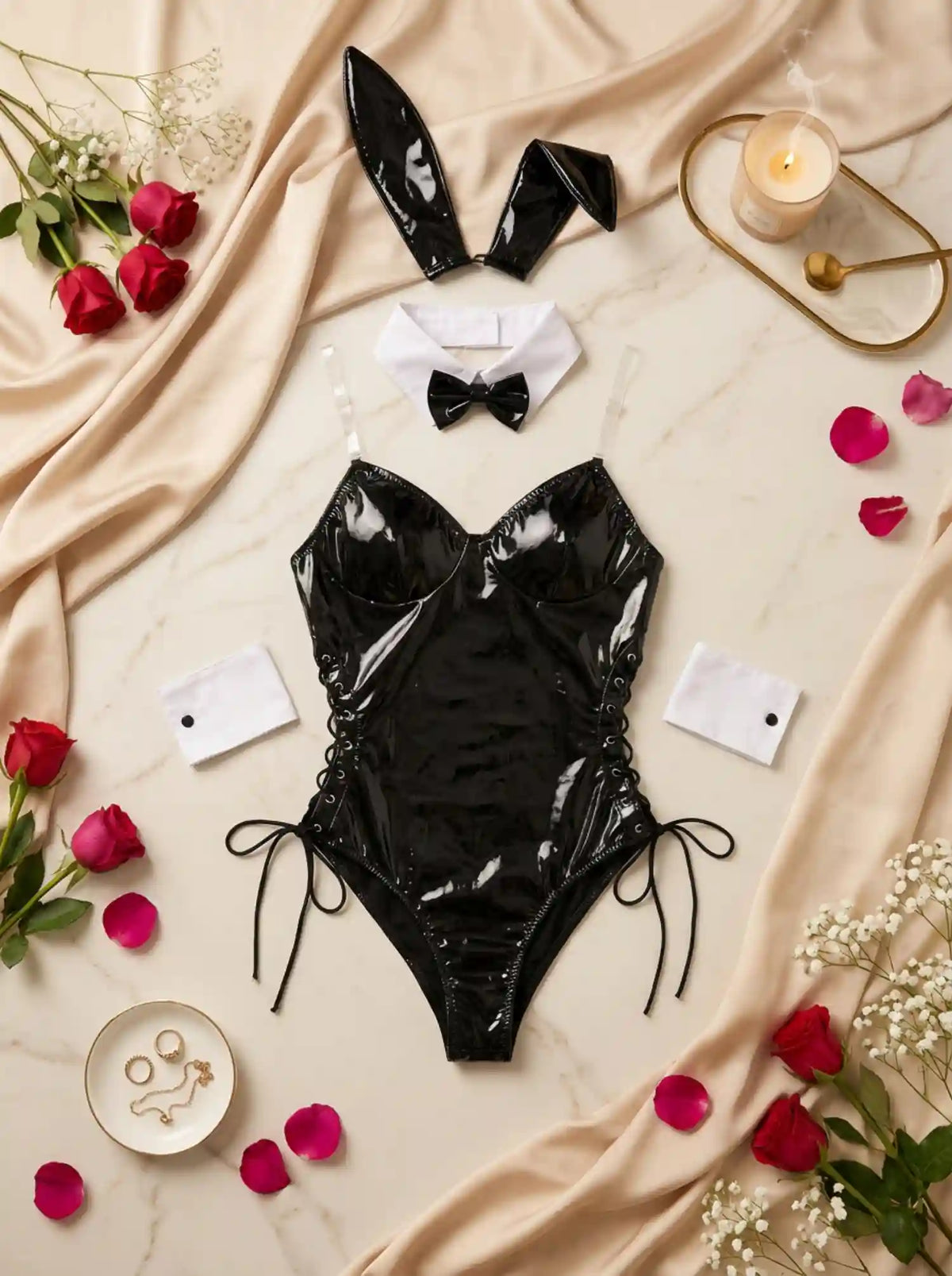 PATENT LEATHER CUTOUT BUNNY BODYSUIT
