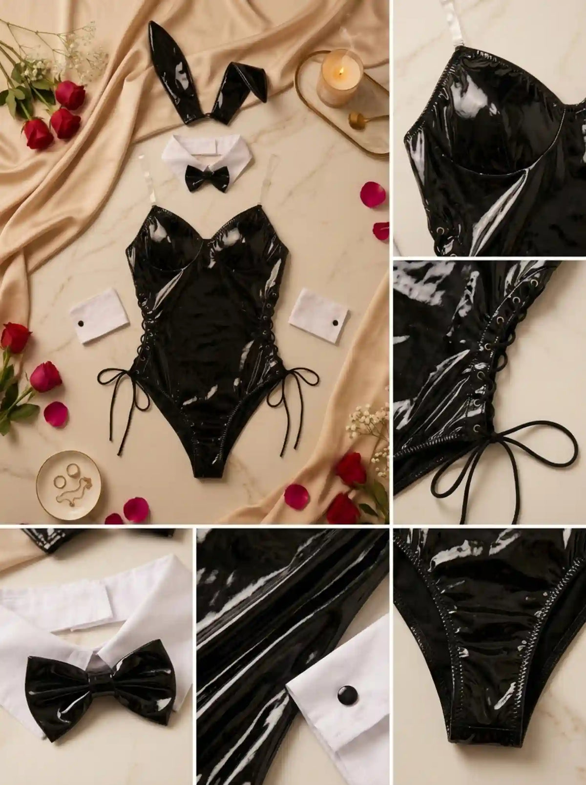 PATENT LEATHER CUTOUT BUNNY BODYSUIT