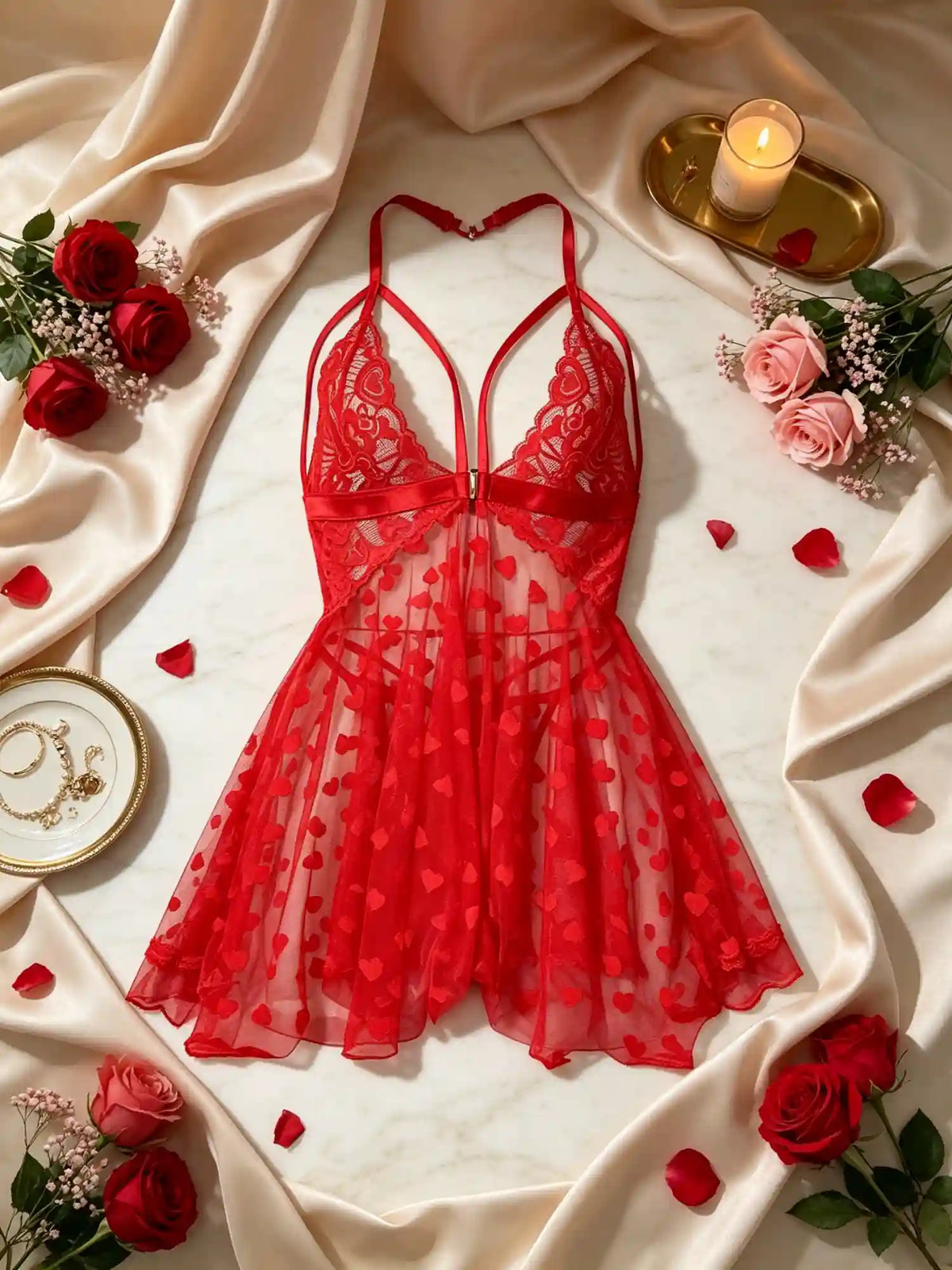 HEART FLUTTER MESH SLIP DRESS | RED
