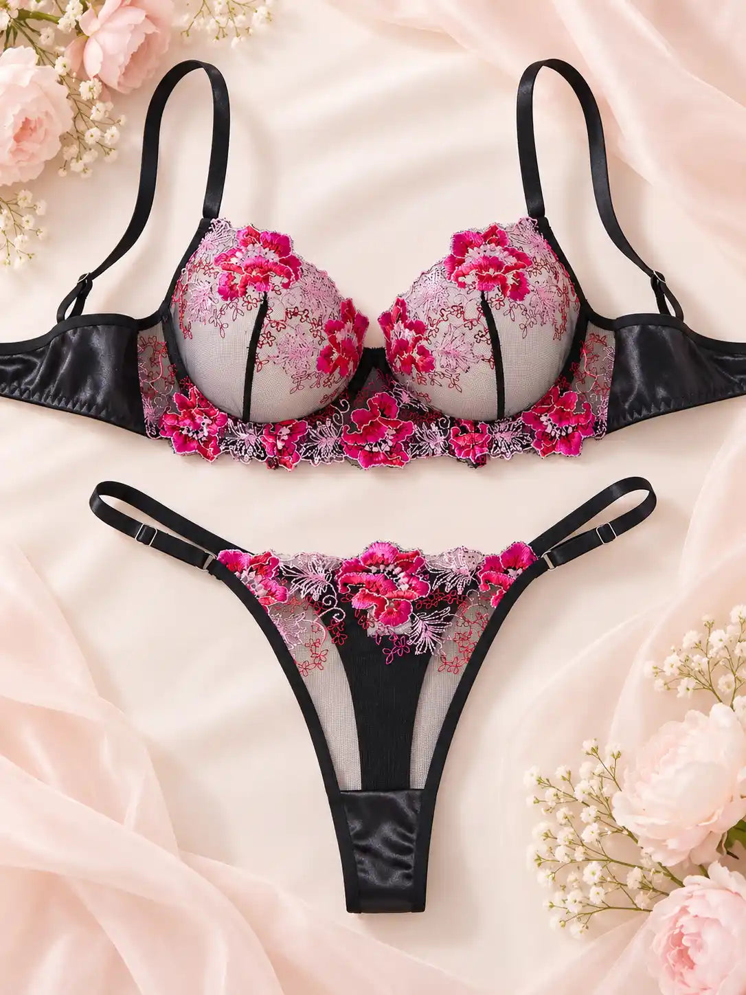 FLORAL EMBROIDERY SHEER LINGERIE SET