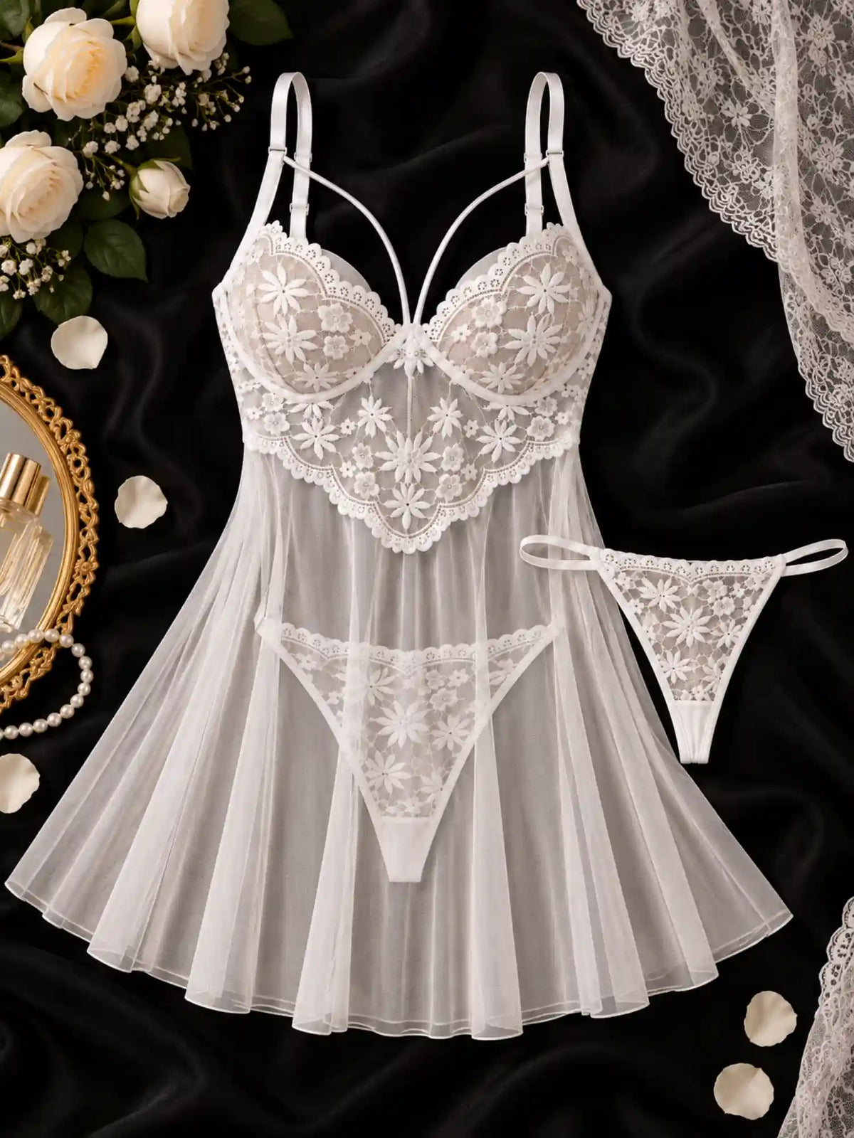 LACE MESH SHEER BABYDOLL DRESS