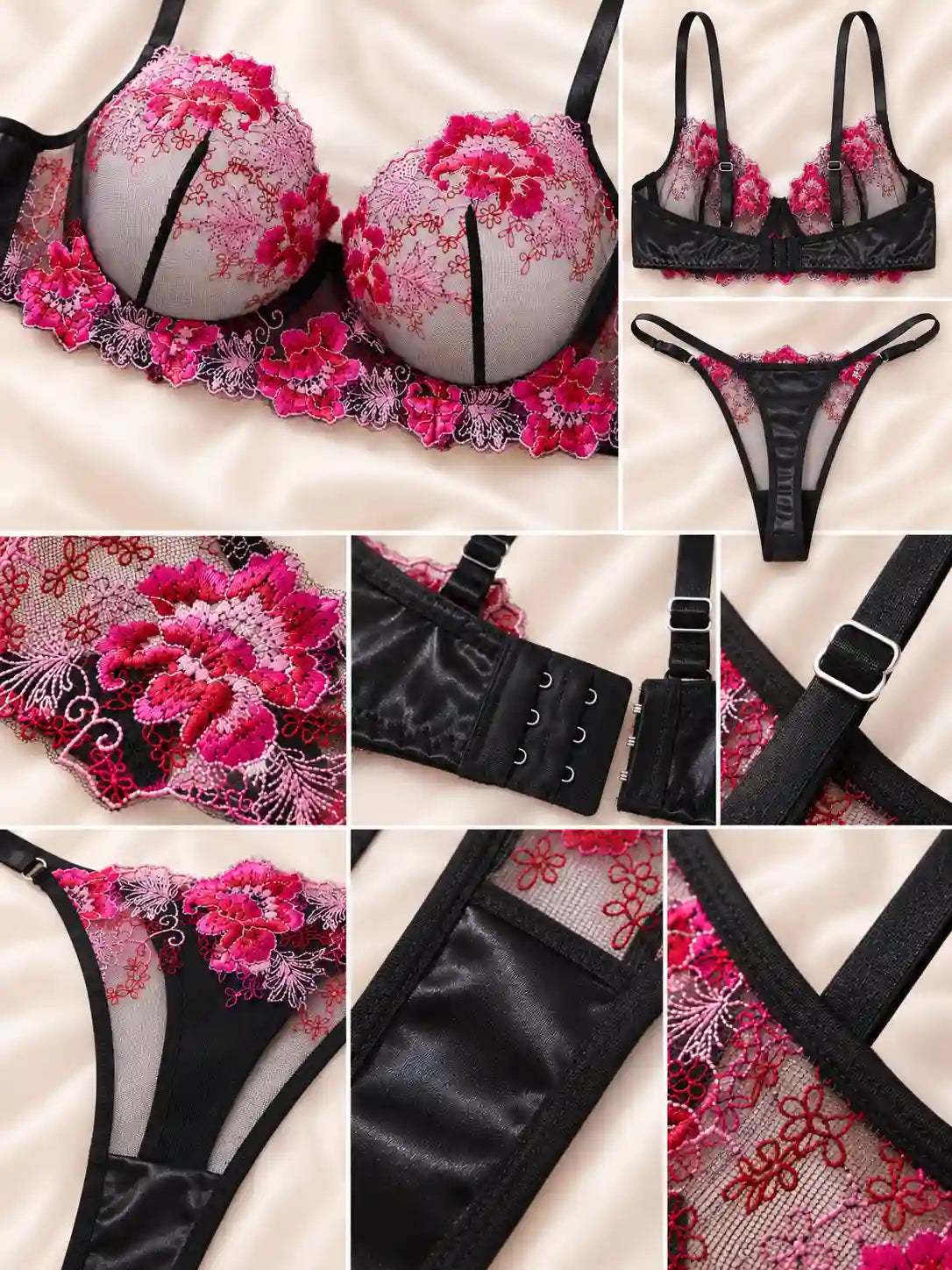 FLORAL EMBROIDERY SHEER LINGERIE SET