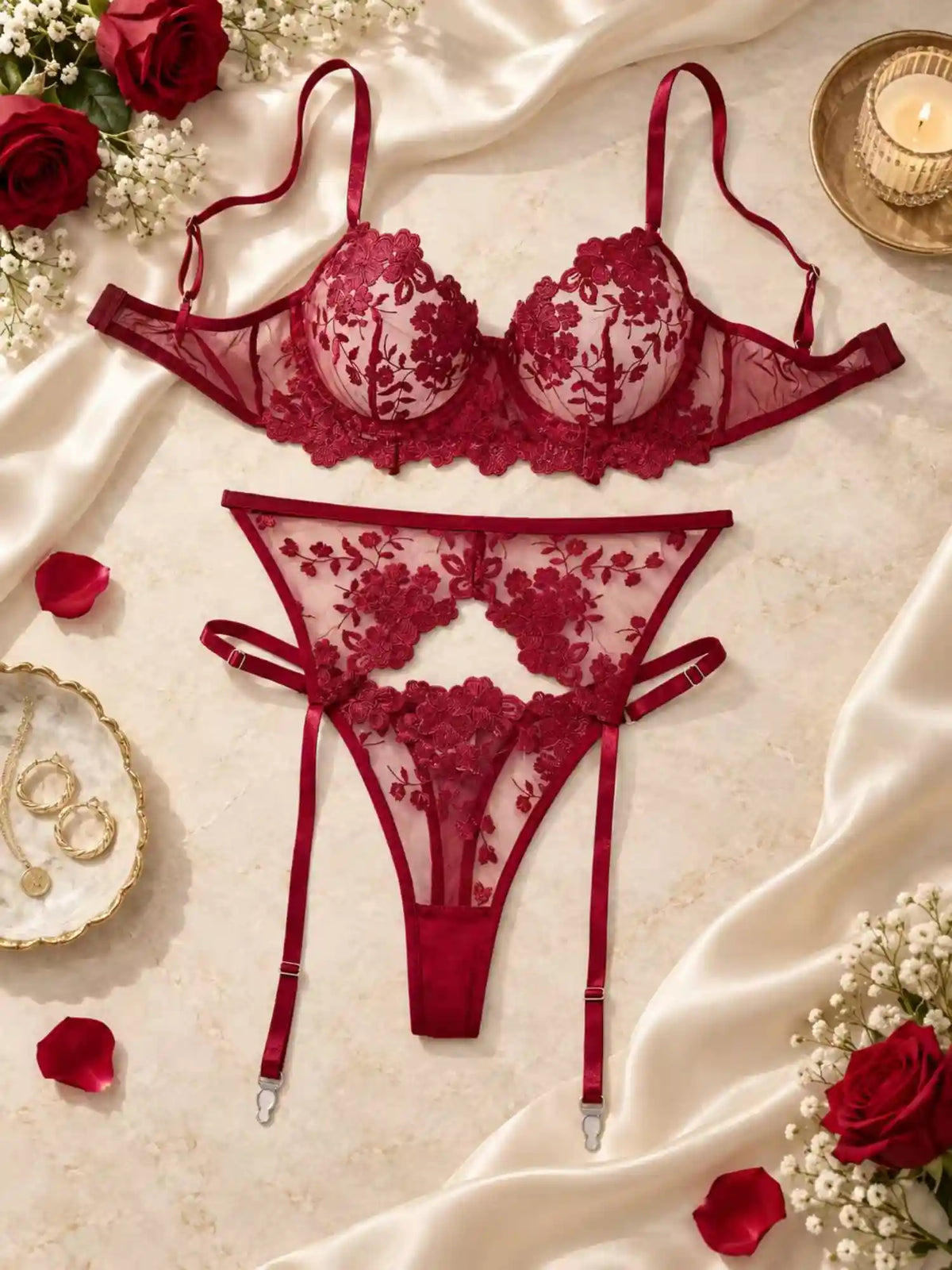 EMBROIDERED LACE GARTER LINGERIE SET